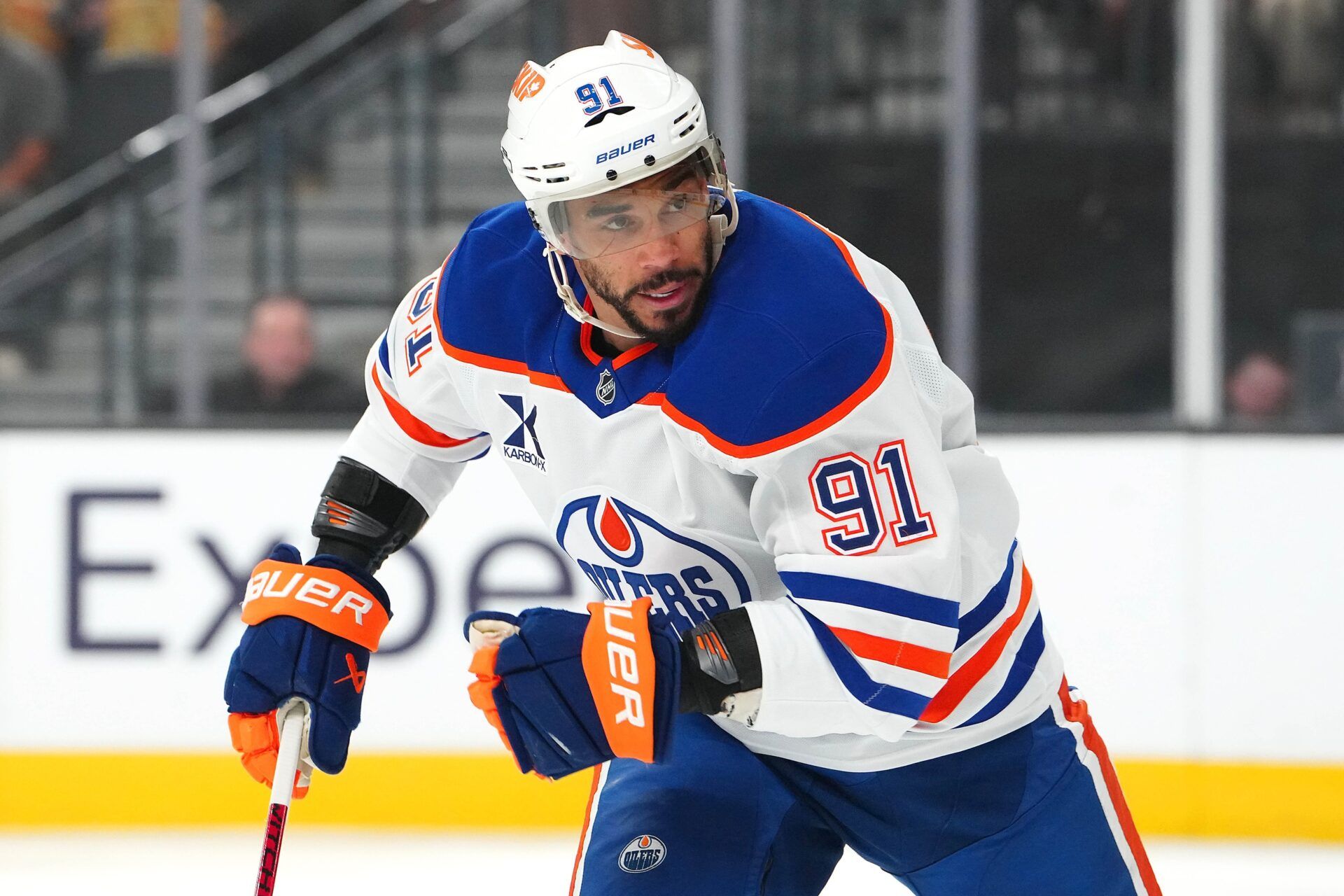 Edmonton Oilers left wing Evander Kane (91) skates against the Vegas Golden Knights during the first period of game five of the second round of the 2025 Stanley Cup Playoffs at T-Mobile Arena.