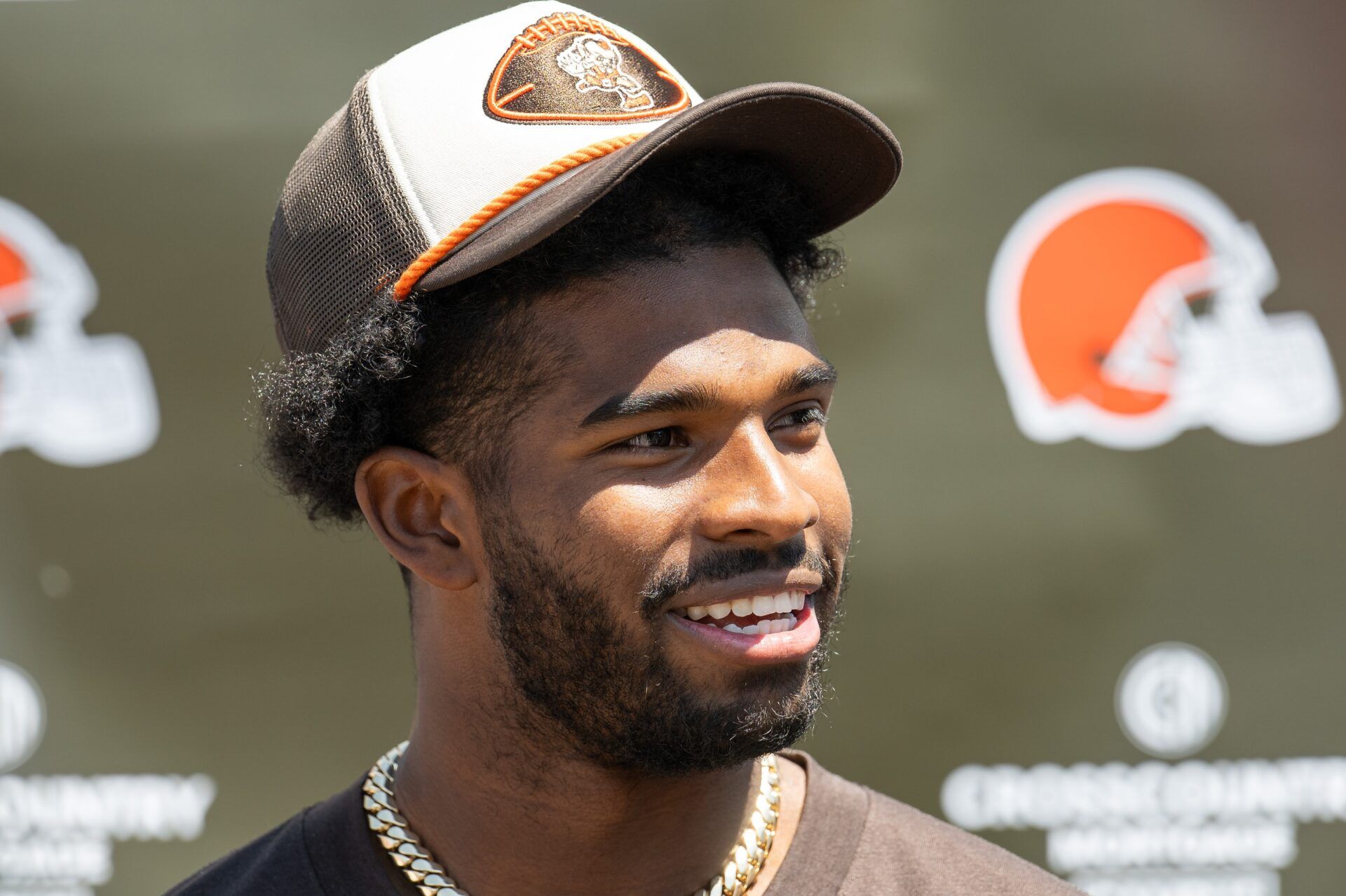 Cleveland Browns quarterback Shedeur Sanders (12) talks to the media during rookie minicamp at CrossCountry Mortgage Campus.