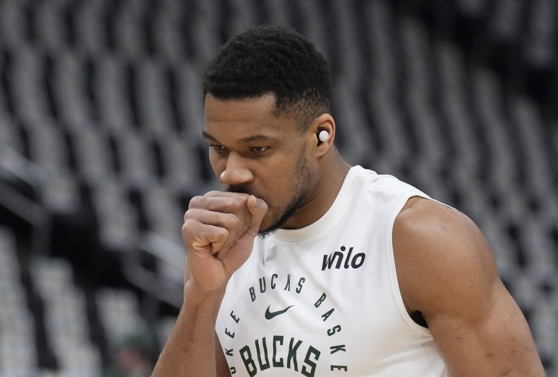 Milwaukee Bucks forward Giannis Antetokounmpo (34) warms up before game three against the Indiana Pacers in the first round for the 2024 NBA Playoffs at Fiserv Forum.
