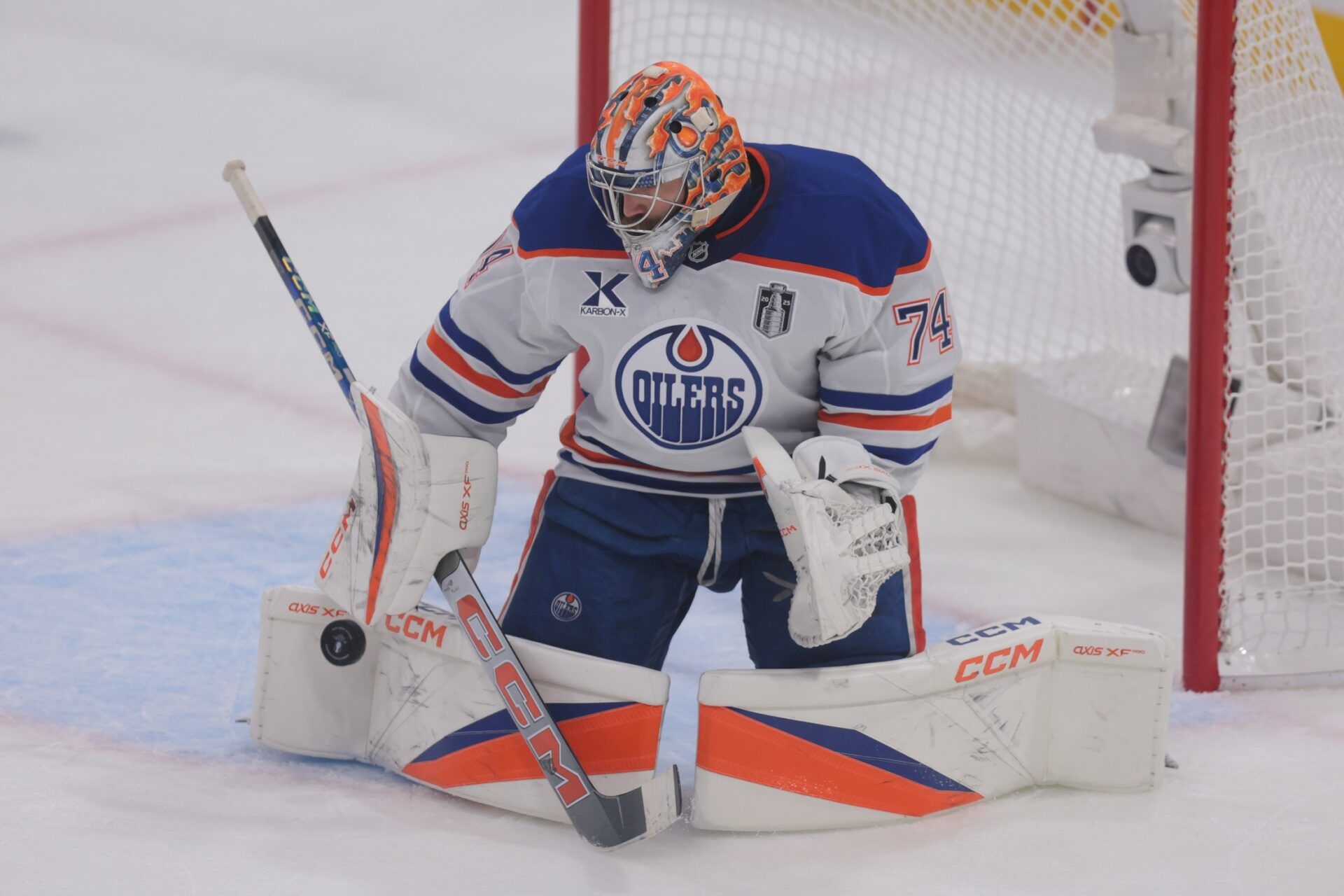 Edmonton Oilers goaltender Stuart Skinner (74) blocks a shot on goal during the second period against the Florida Panthers in game three of the 2025 Stanley Cup Final at Amerant Bank Arena.