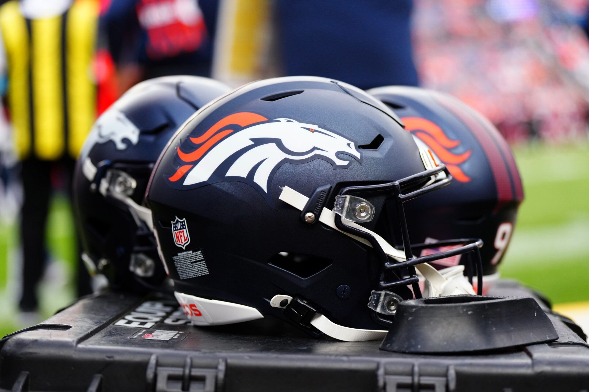 Detail view of the helmets worn by the Denver Broncos during the second half against the Arizona Cardinals t Empower Field at Mile High.