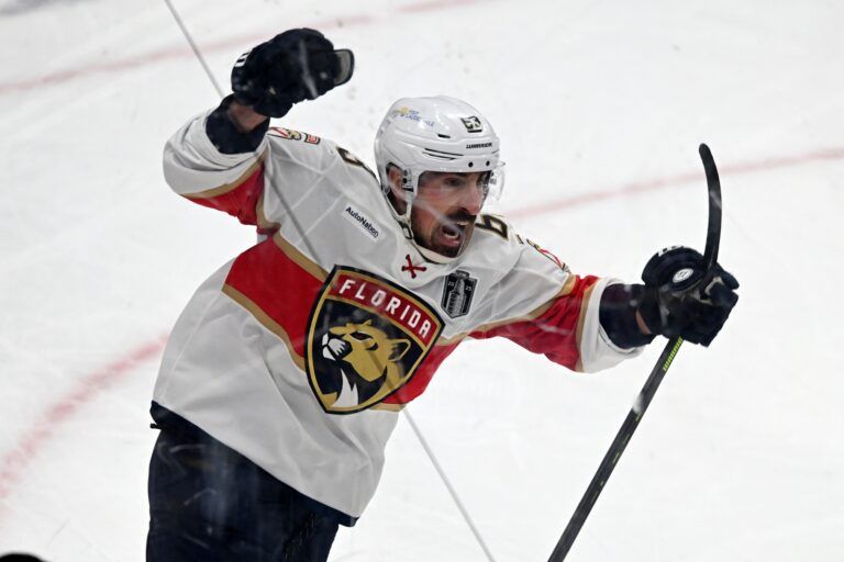 Florida Panthers center Brad Marchand (63) reacts after scoring a goal on Edmonton Oilers goaltender Stuart Skinner (74) during the second period in game two of the 2025 Stanley Cup Final at Rogers Place.