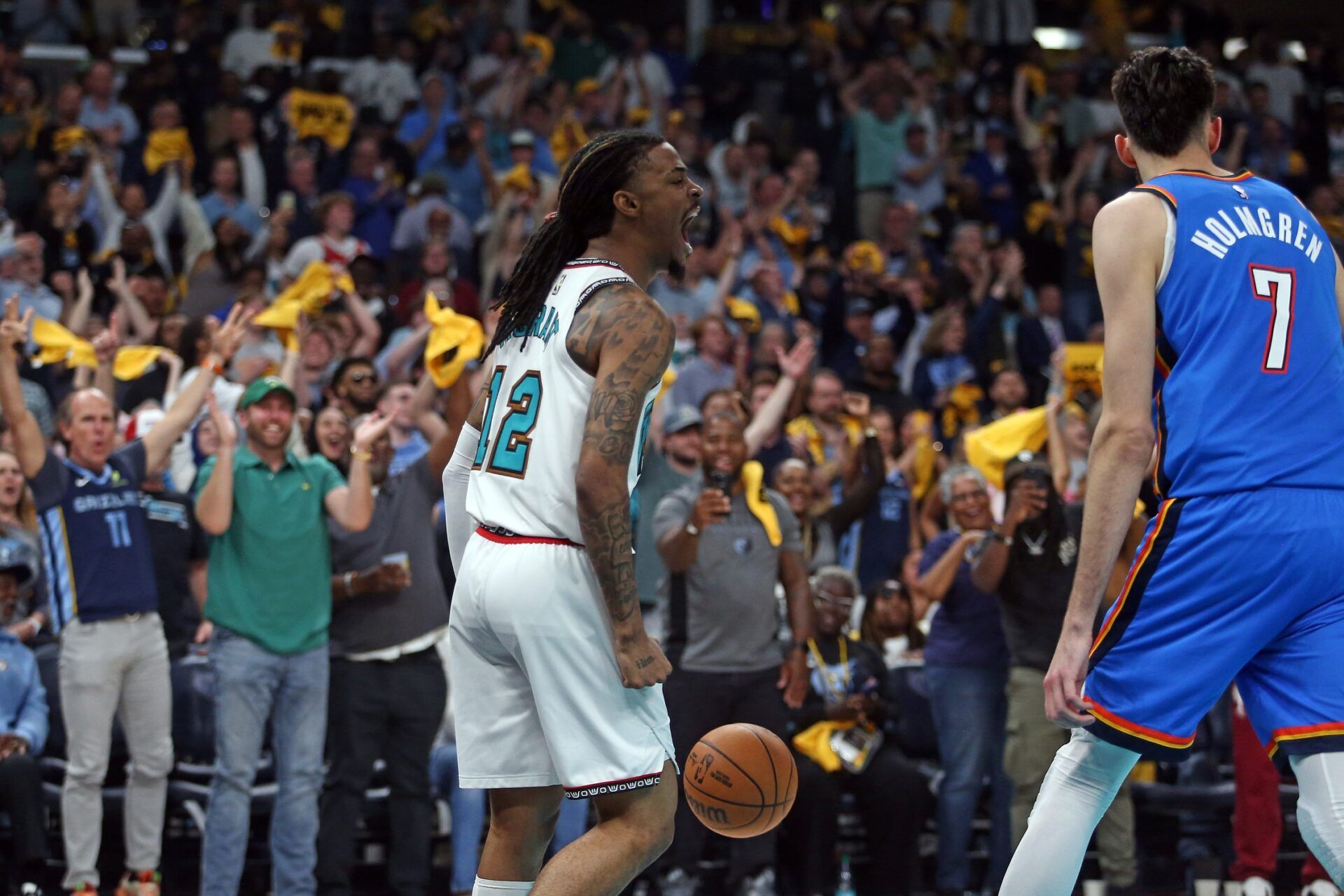 Memphis Grizzlies guard Ja Morant (12) reacts after a dunk during the second quarter against the Oklahoma City Thunder during game three for the first round of the 2024 NBA Playoffs at FedExForum.