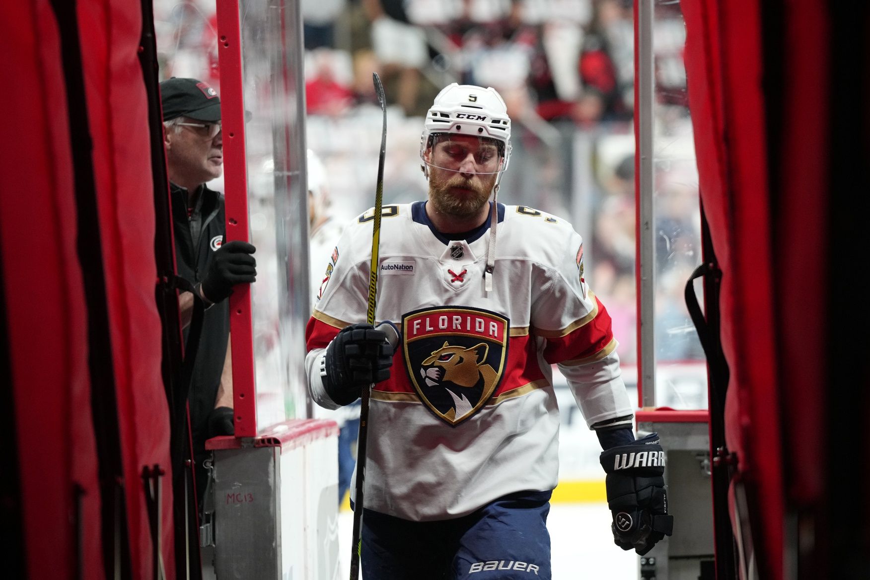 Florida Panthers forward Sam Bennett (9) leaves the ice after warm up prior to the first period against the Carolina Hurricanes in game five of the Eastern Conference Final of the 2025 Stanley Cup Playoffs at Lenovo Center.