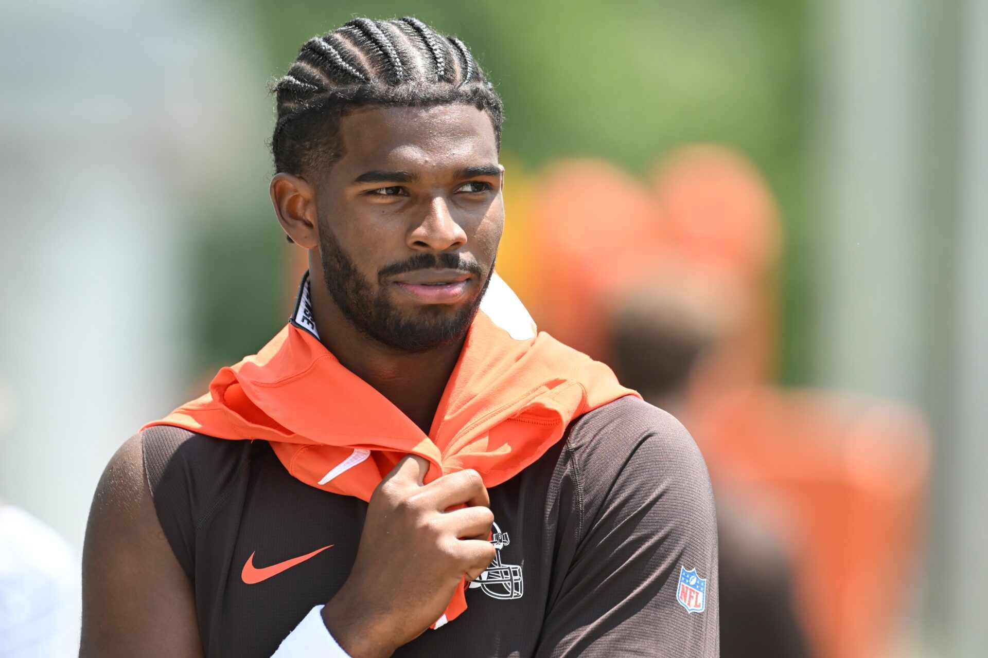 Cleveland Browns quarterback Shedeur Sanders (12) walks off the field during minicamp at CrossCountry Mortgage Campus.