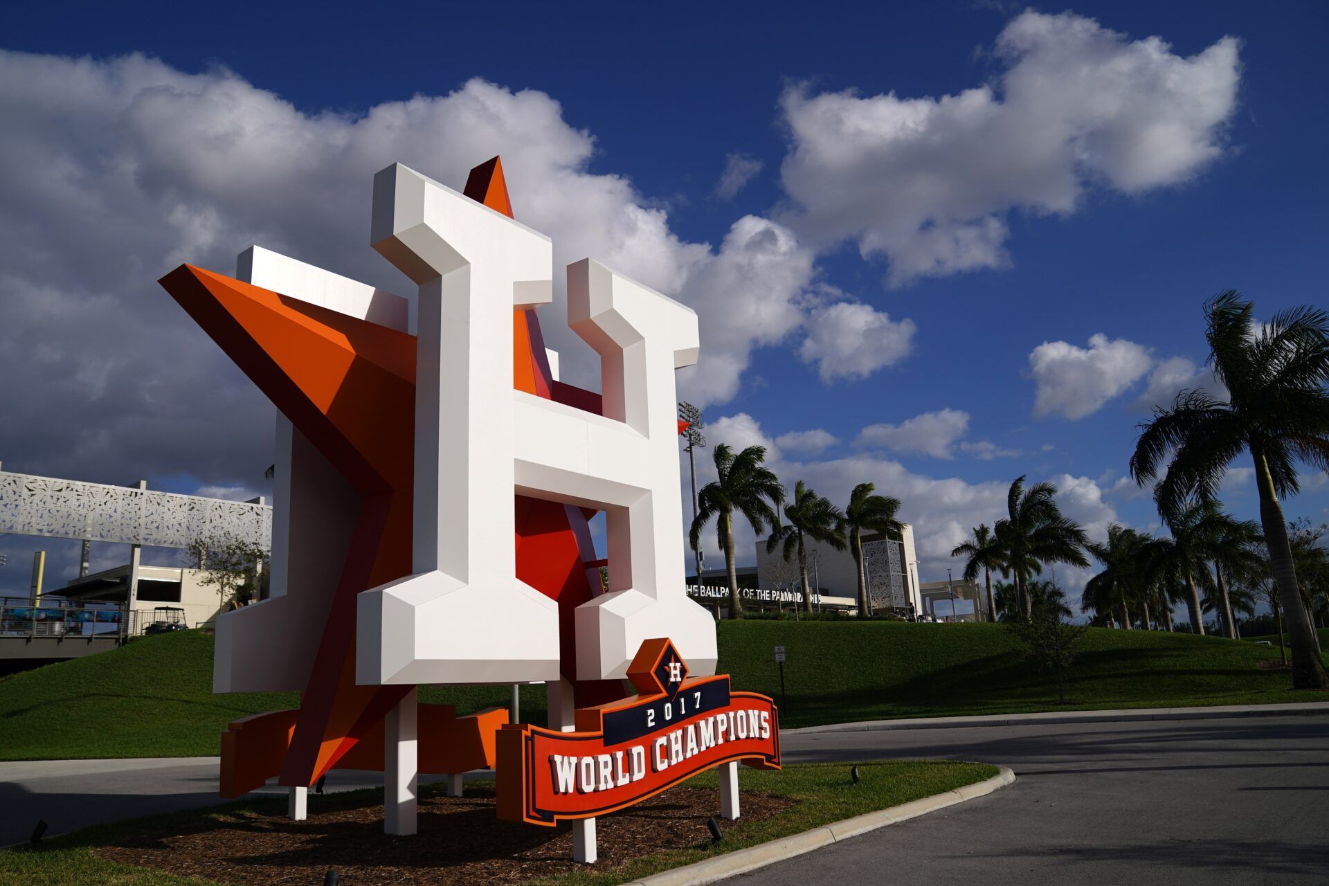 A general view of the Houston Astros logo statue outside of The Ballpark of the Palm Beaches prior to the spring training game between the Houston Astros and the Washington Nationals.