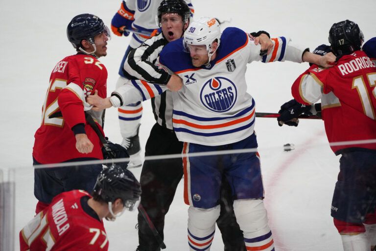 Edmonton Oilers right wing Kasperi Kapanen (42) heads the to penatly box after a fight during the third period against the Florida Panthers in game three of the 2025 Stanley Cup Final at Amerant Bank Arena.