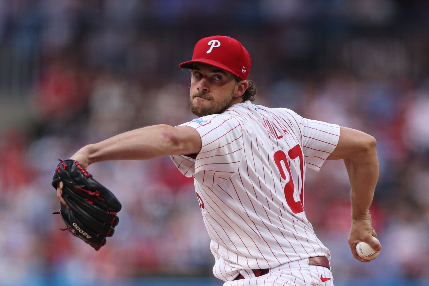 Philadelphia Phillies pitcher Aaron Nola (27) throws a pitch during the second inning against the Arizona Diamondbacks at Citizens Bank Park.