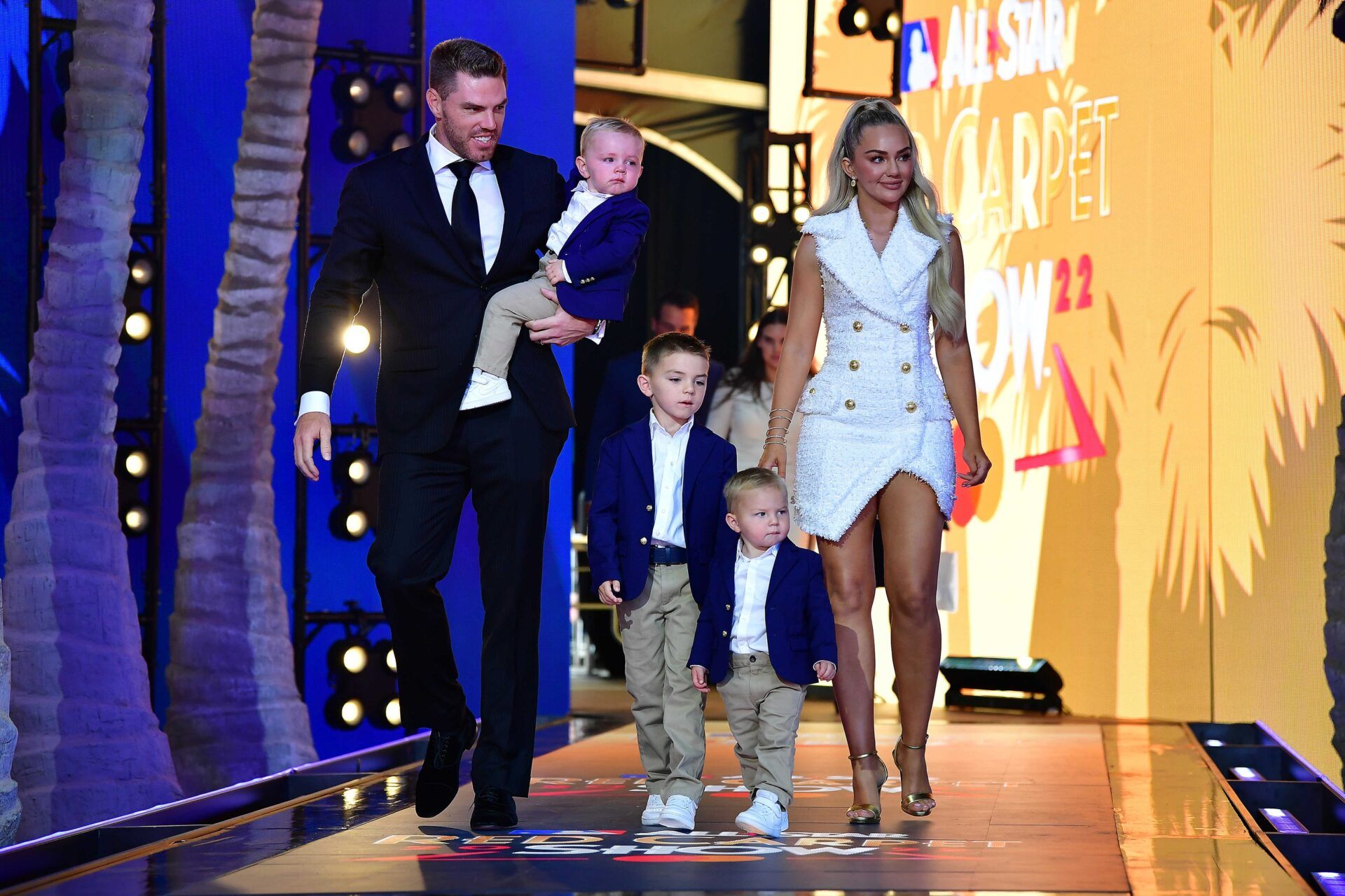 National League first baseman Freddie Freeman (5) of the Los Angeles Dodgers with wife Chelsea during the Red Carpet Show at L.A. Live.