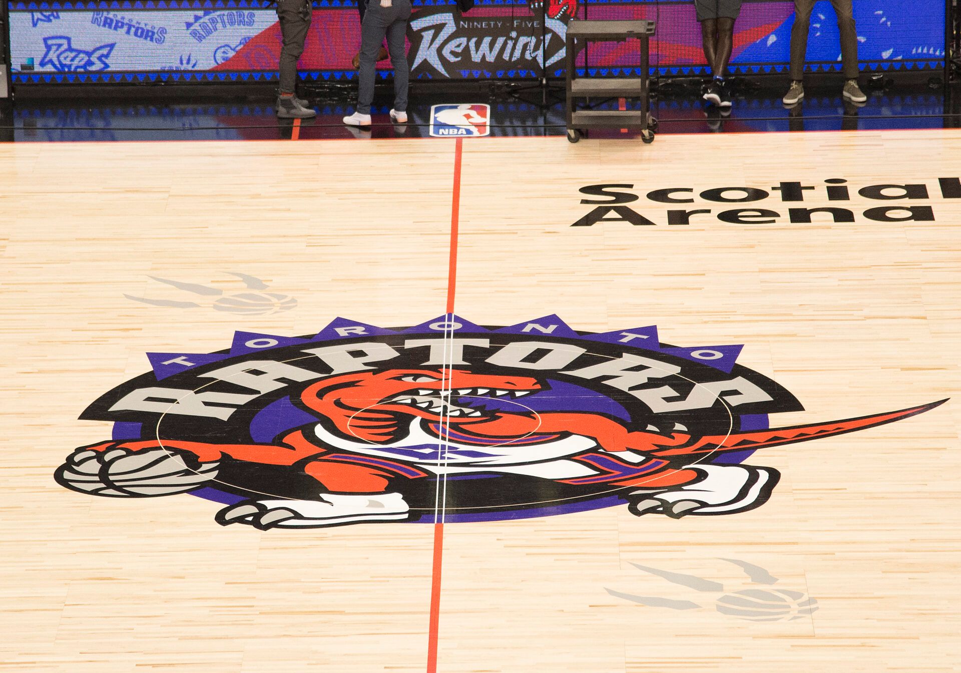 A general view of the Toronto Raptors court logo before a game against the Orlando Magic at Scotiabank Arena.