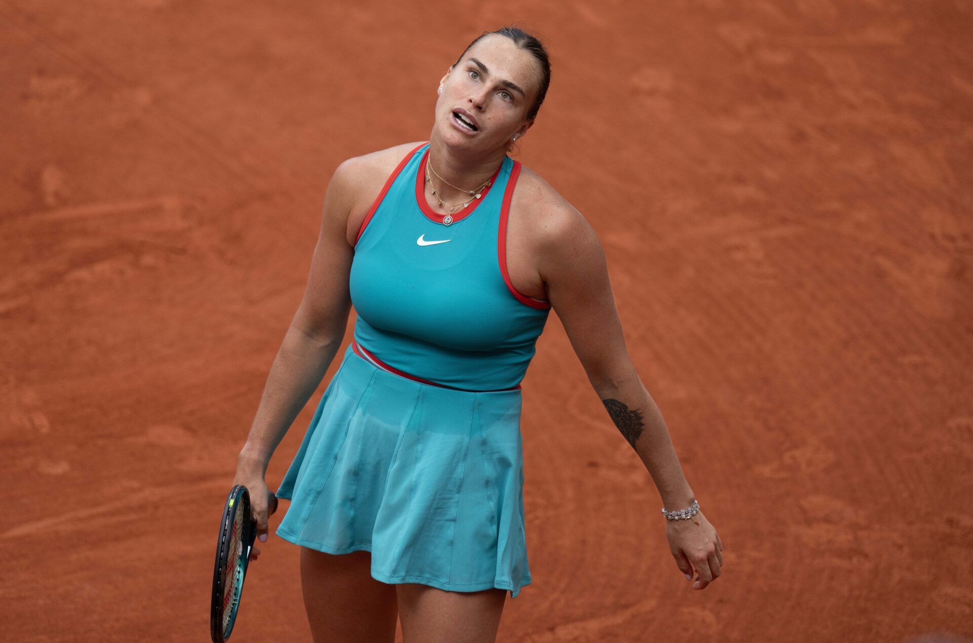 Aryna Sabalenka reacts to a point during her match against Amanda Anisimova of the United States on day eight at Roland Garros Stadium.