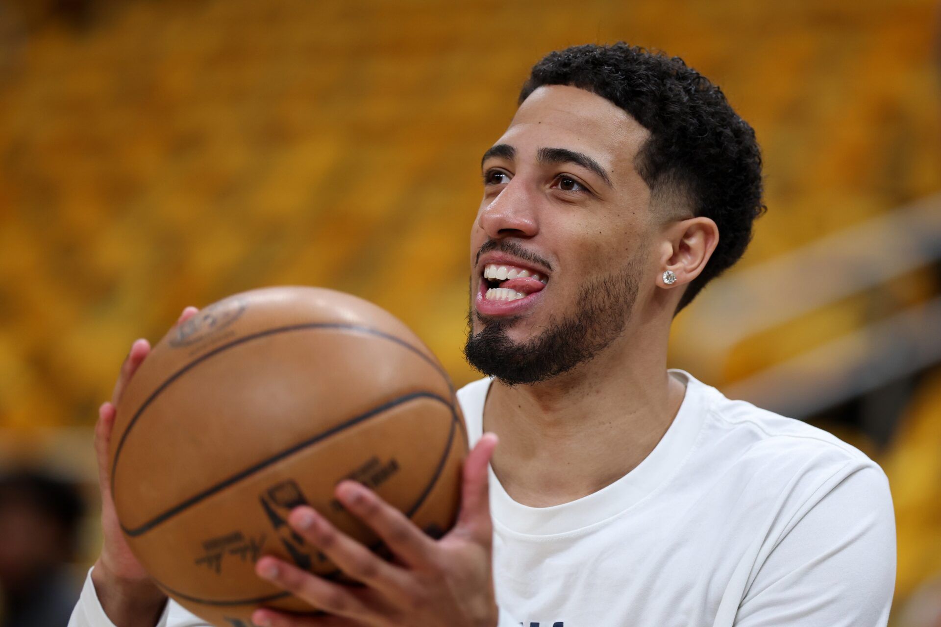 Indiana Pacers guard Tyrese Haliburton (0) warms up prior to game six of the eastern conference finals for the 2025 NBA Playoffs at Gainbridge Fieldhouse.