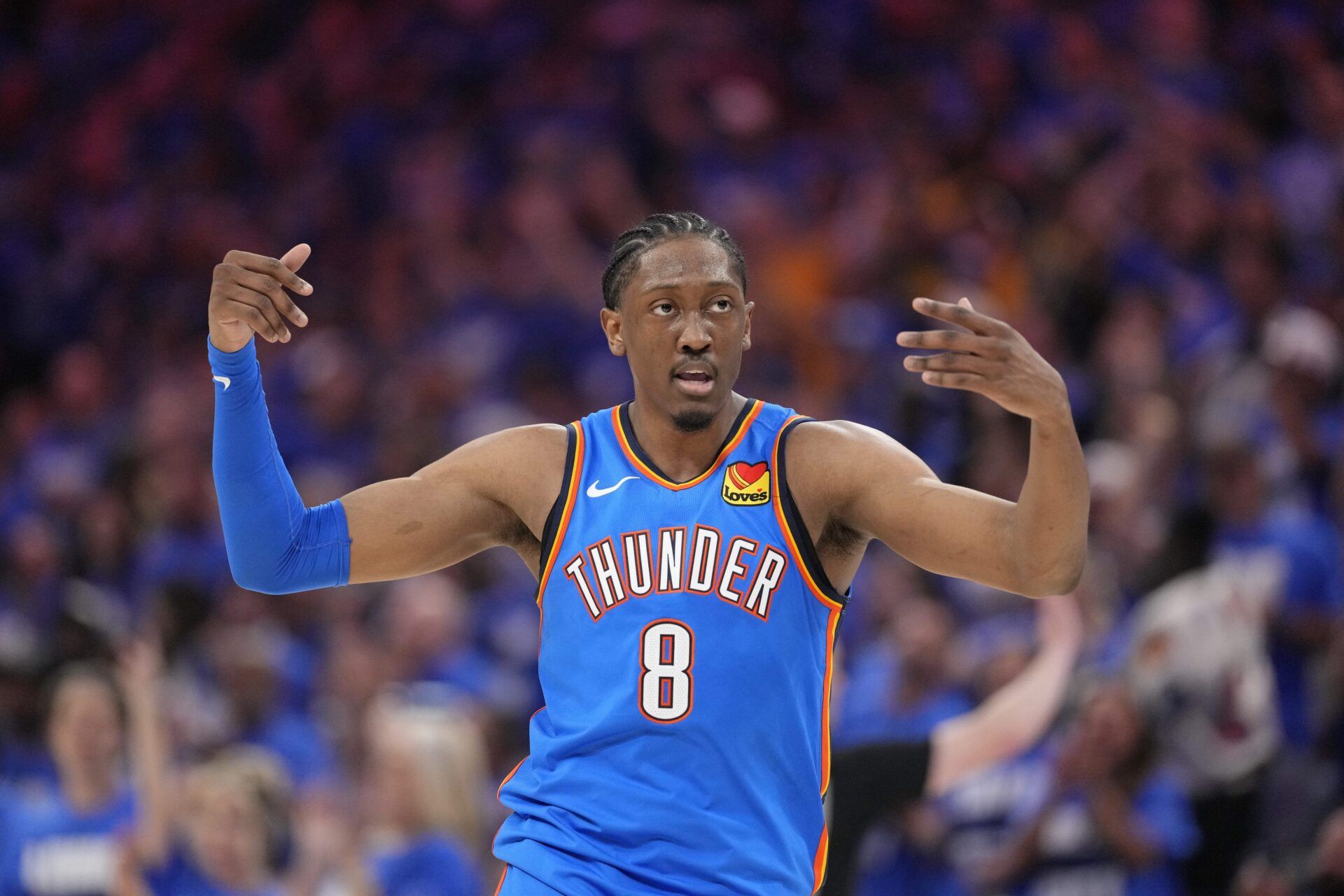 Oklahoma City Thunder forward Jalen Williams (8) reacts after a play against the Indiana Pacers during the first half during game two of the 2025 NBA Finals at Paycom Center.