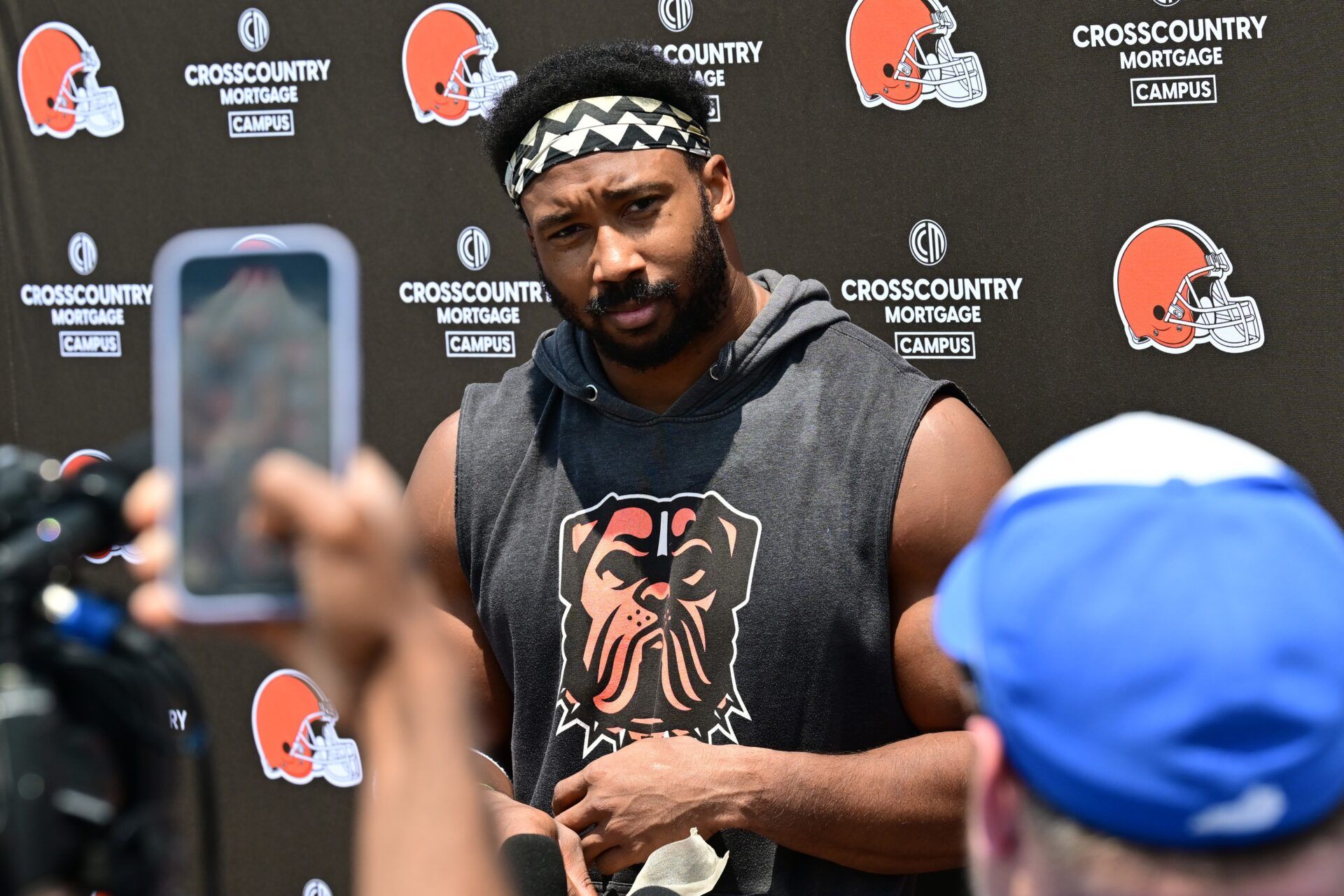 Cleveland Browns defensive end Myles Garrett (95) talks to the media during minicamp at CrossCountry Mortgage Campus.