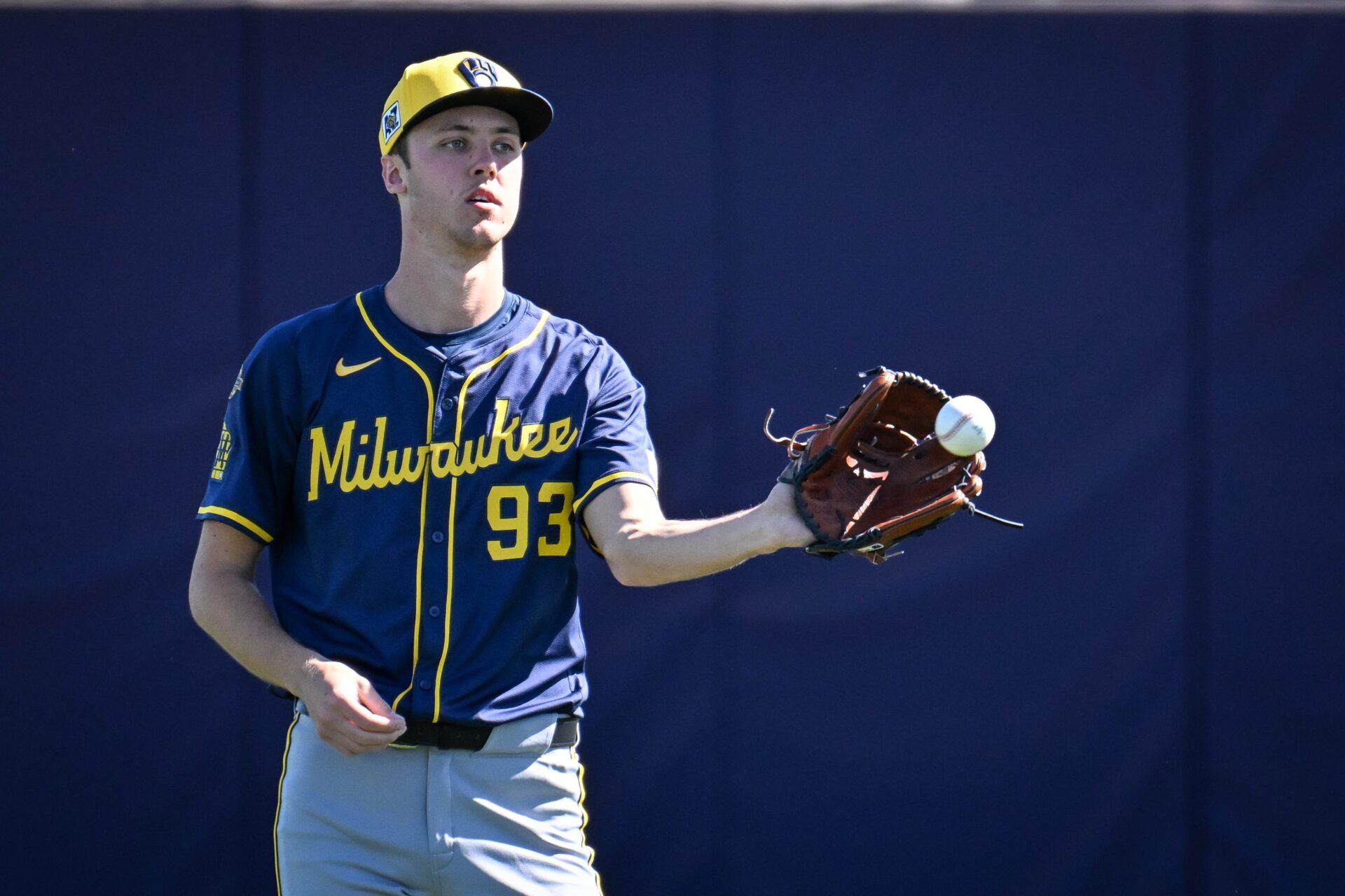 Brewers top pitching prospect Jacob Misiorowski, shown earlier in camp, gave up three straight walks and allowed two runs in his one inning of work in his spring debut Tuesday against the Guardians.