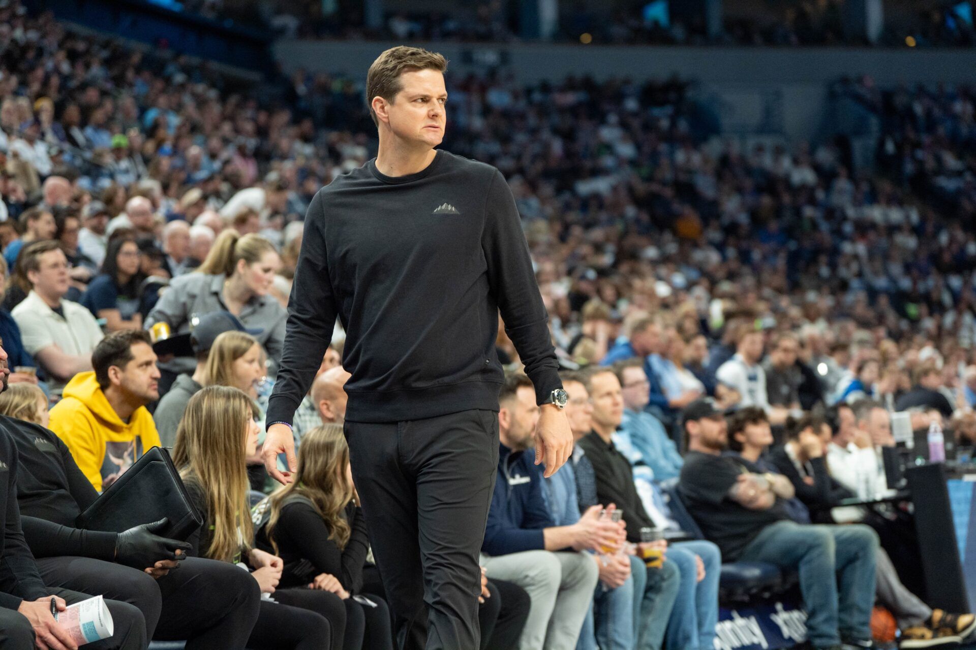 Utah Jazz head coach Will Hardy reacts to a call that goes the way of the Minnesota Timberwolves in the first quarter at Target Center.