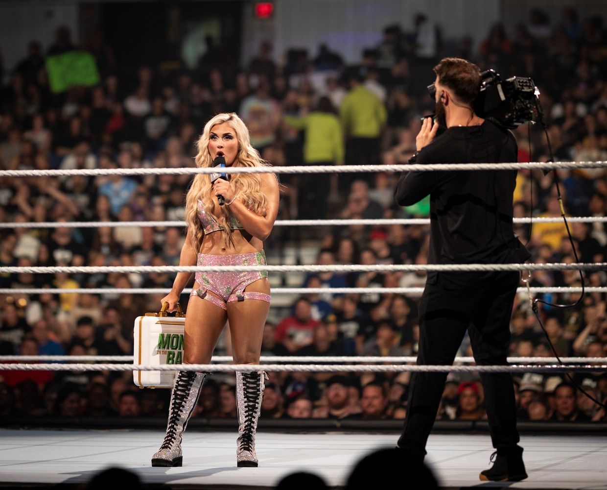 WomenÕs MITB winner, Tiffany Stratton talks to the fans during ÒTiffy TimeÓ on SMACKDOWN!.