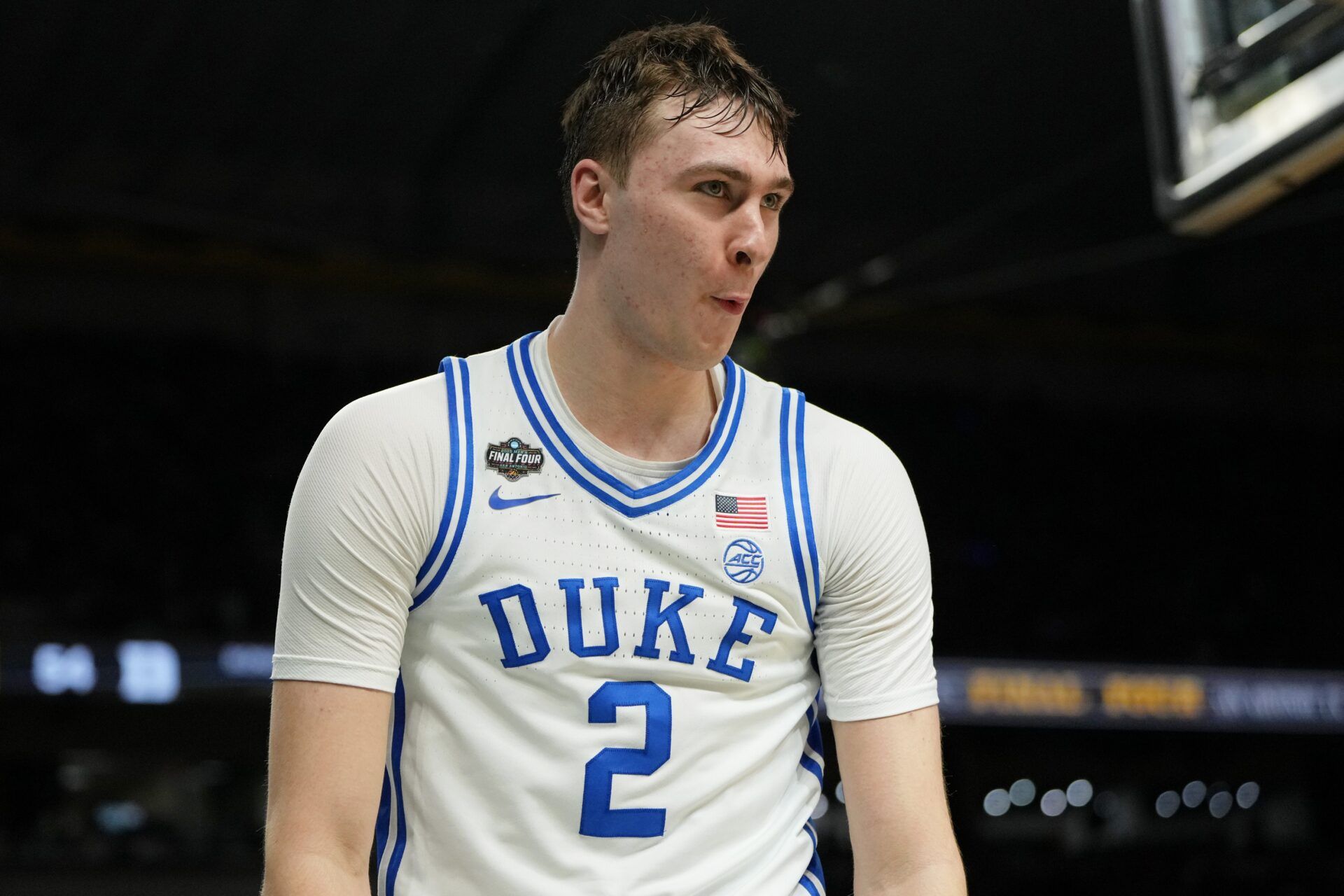 Duke Blue Devils forward Cooper Flagg (2) reacts after a play against the Houston Cougars during the second half in the semifinals of the men's Final Four of the 2025 NCAA Tournament at the Alamodome.