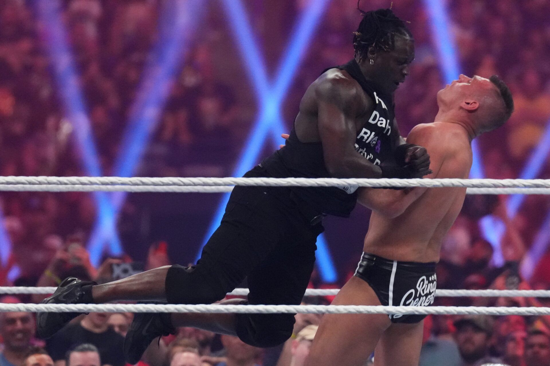 R-Truth attacks Gunther during the Men’s Royal Rumble match at Tropicana Field.