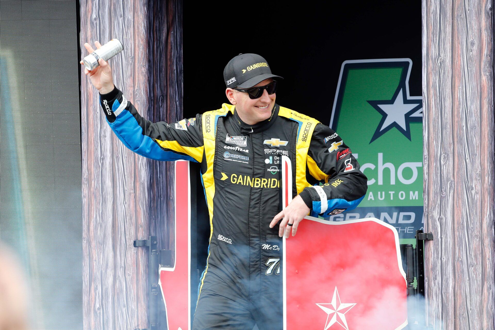 NASCAR Cup Series driver Michael McDowell (71) walks out onto the stage for driver introductions before the EchoPark Automotive Grand Prix at Circuit of the Americas.