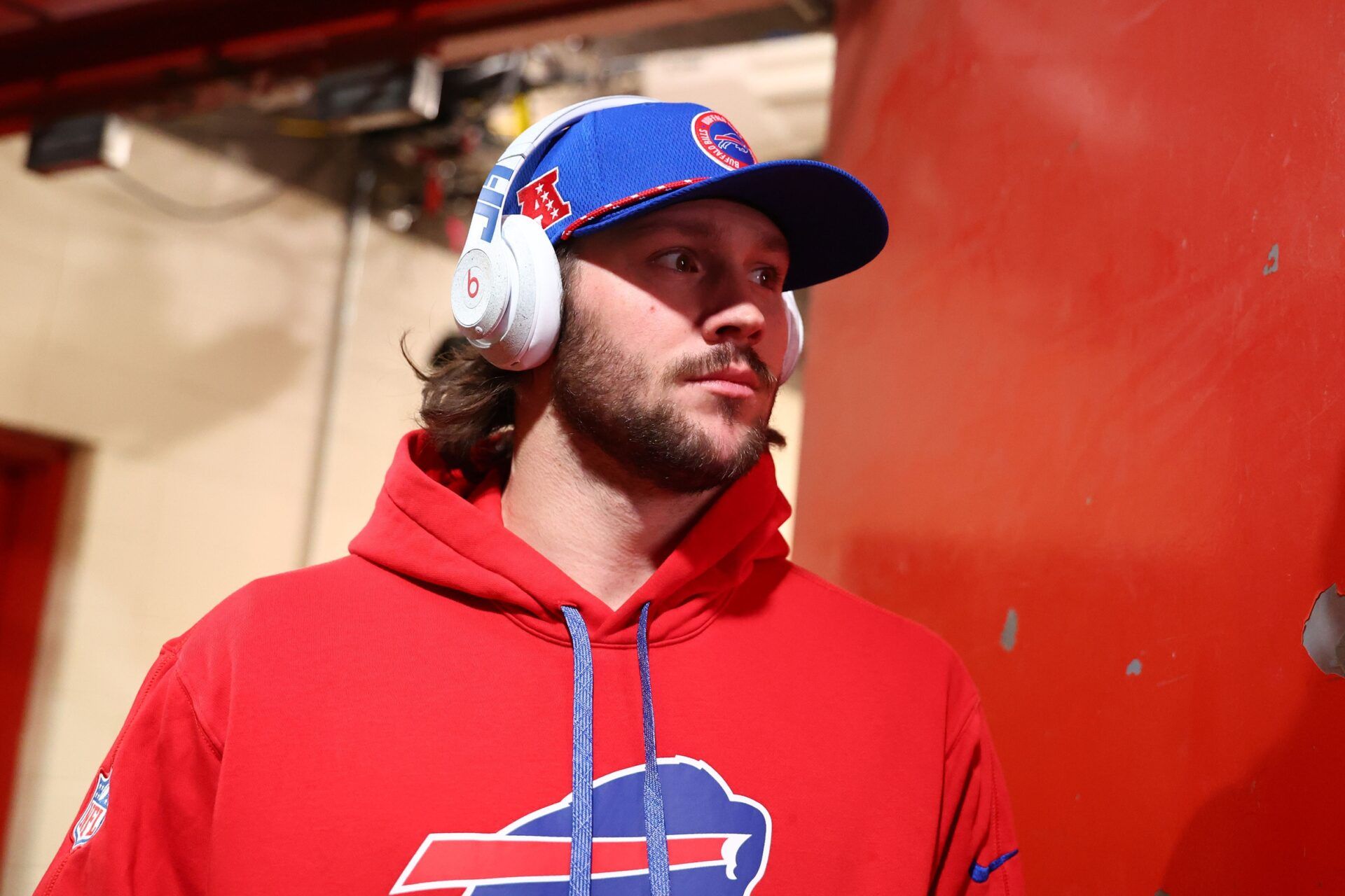 Buffalo Bills quarterback Josh Allen (17) arrives at the stadium for the AFC Championship game against the Kansas City Chiefs at GEHA Field at Arrowhead Stadium.