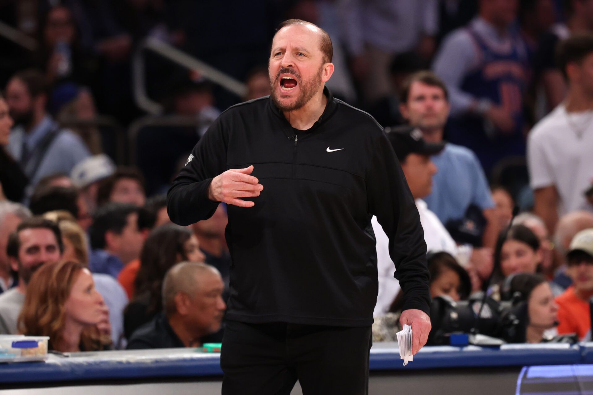 New York Knicks head coach Tom Thibodeau reacts in the fourth quarter against the Indiana Pacers during game five of the eastern conference finals for the 2025 NBA Playoffs at Madison Square Garden.