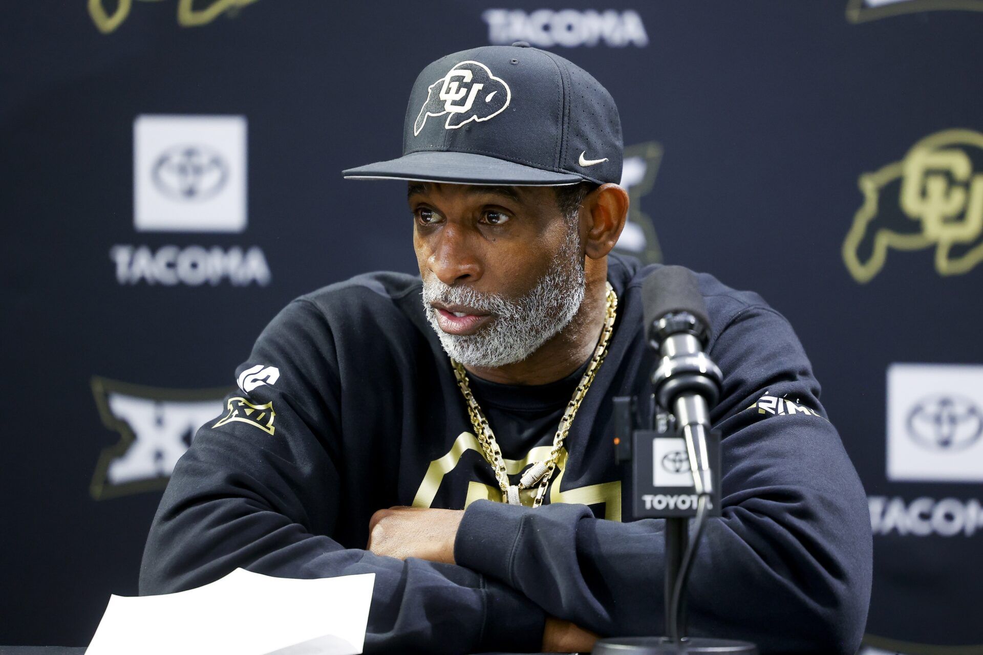 Colorado Buffaloes head coach Deion Sanders speaks to the media at the University of Colorado NFL Showcase at the CU Indoor Practice Facility.