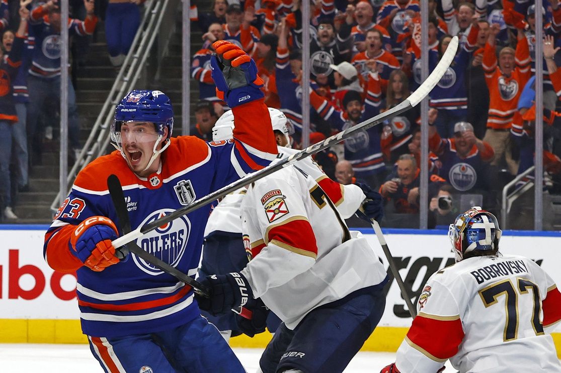 Edmonton Oilers center Ryan Nugent-Hopkins (93) reacts against the Florida Panthers during the third period in game two of the 2025 Stanley Cup Final at Rogers Place.