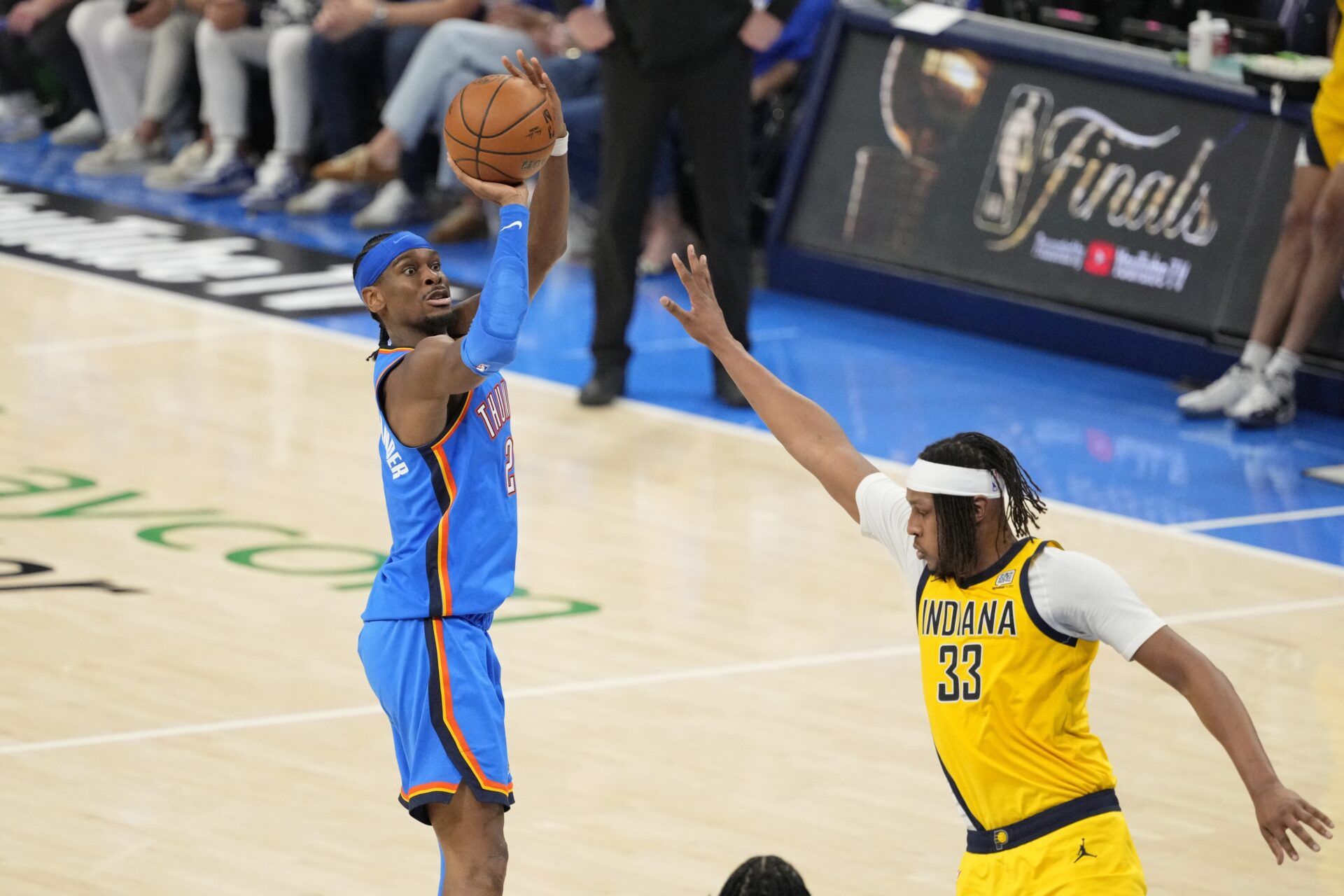Oklahoma City Thunder guard Shai Gilgeous-Alexander (2) shoots the ball against Indiana Pacers center Myles Turner (33) during the second half during game two of the 2025 NBA Finals at Paycom Center.