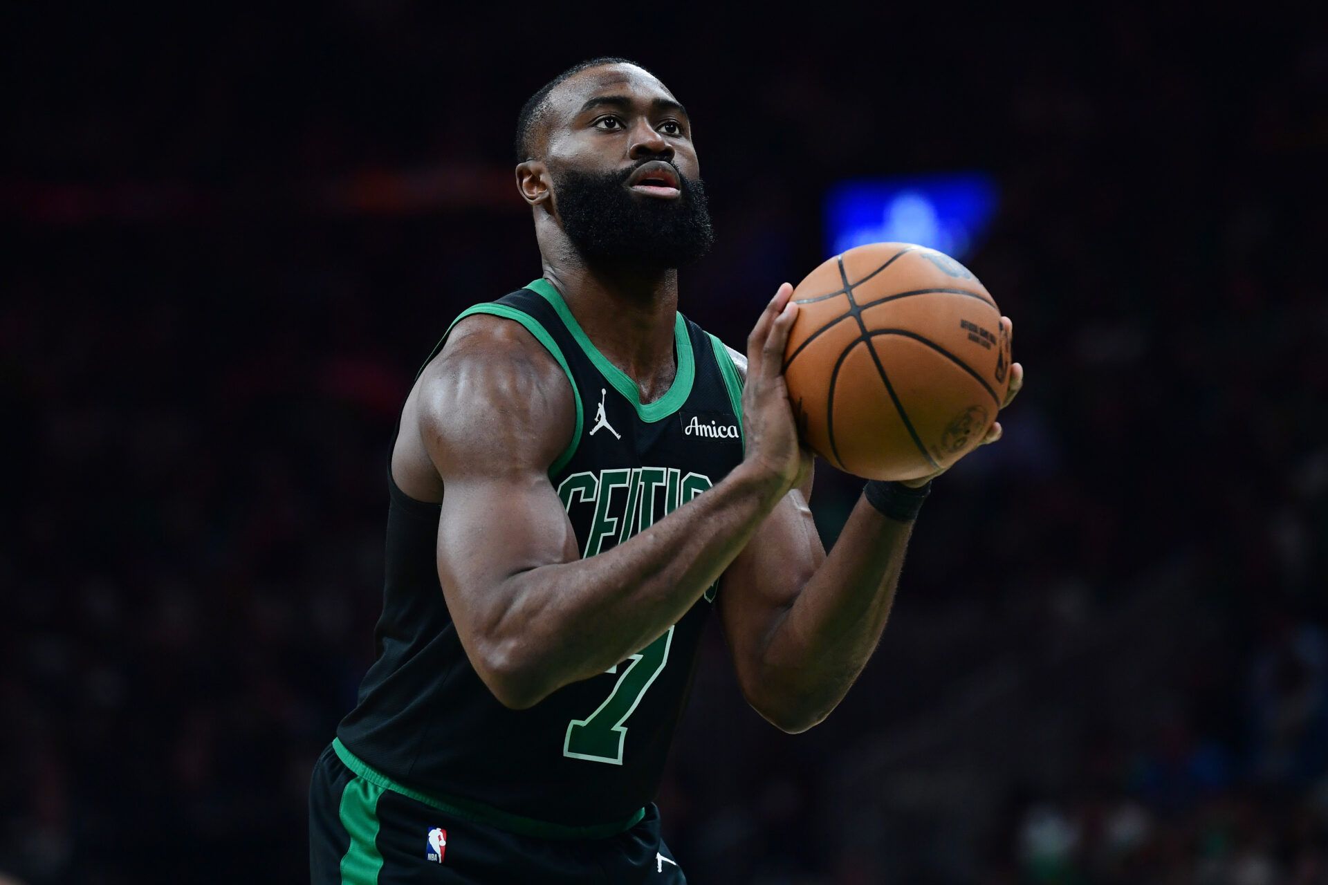Boston Celtics guard Jaylen Brown (7) shoots a free throw in the second half during game five of the second round for the 2025 NBA Playoffs against the New York Knicks at TD Garden.