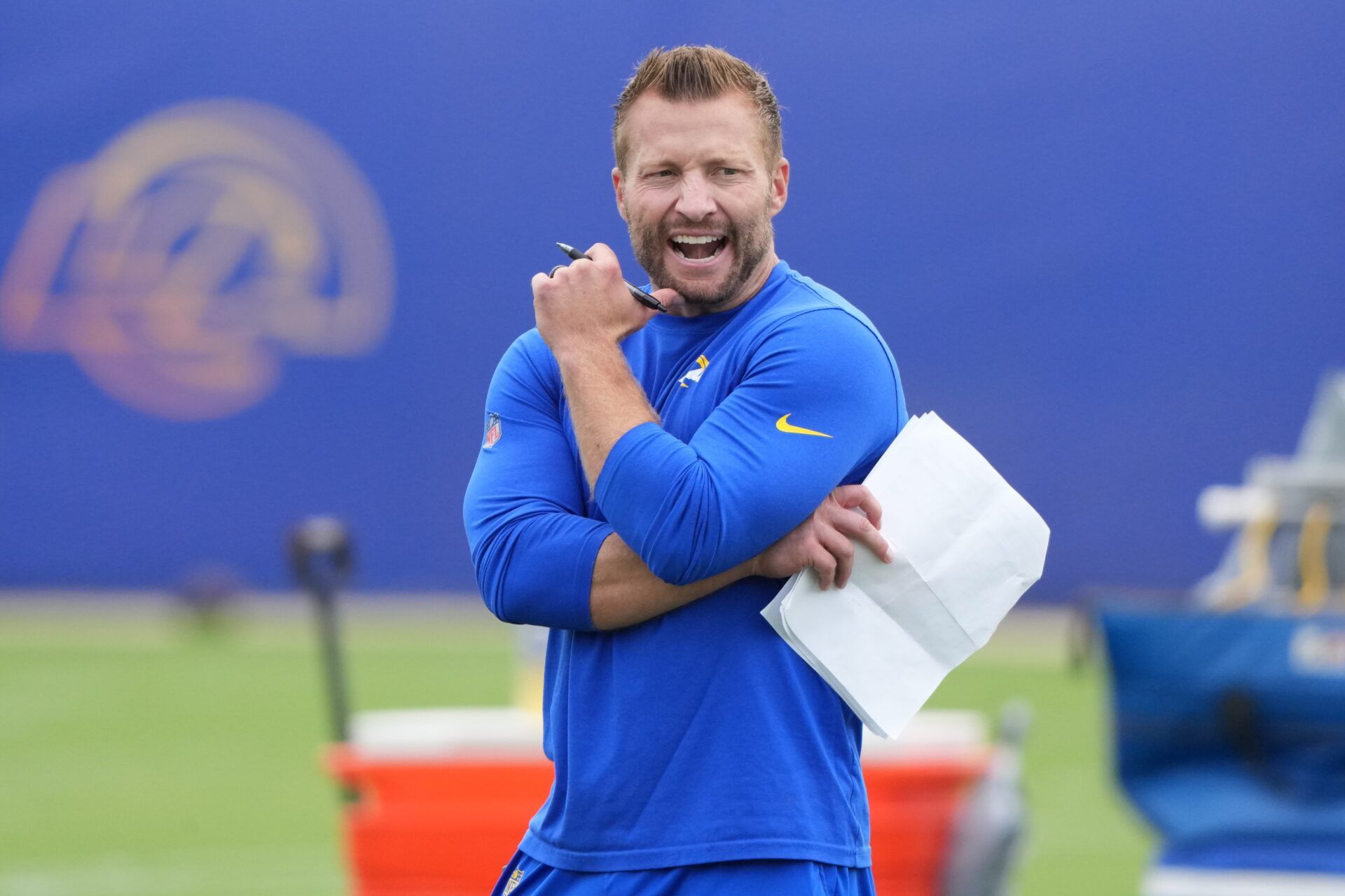 Los Angeles Rams head coach Sean McVay watches offensive drills during organized team activities at Rams Practice Facility.
