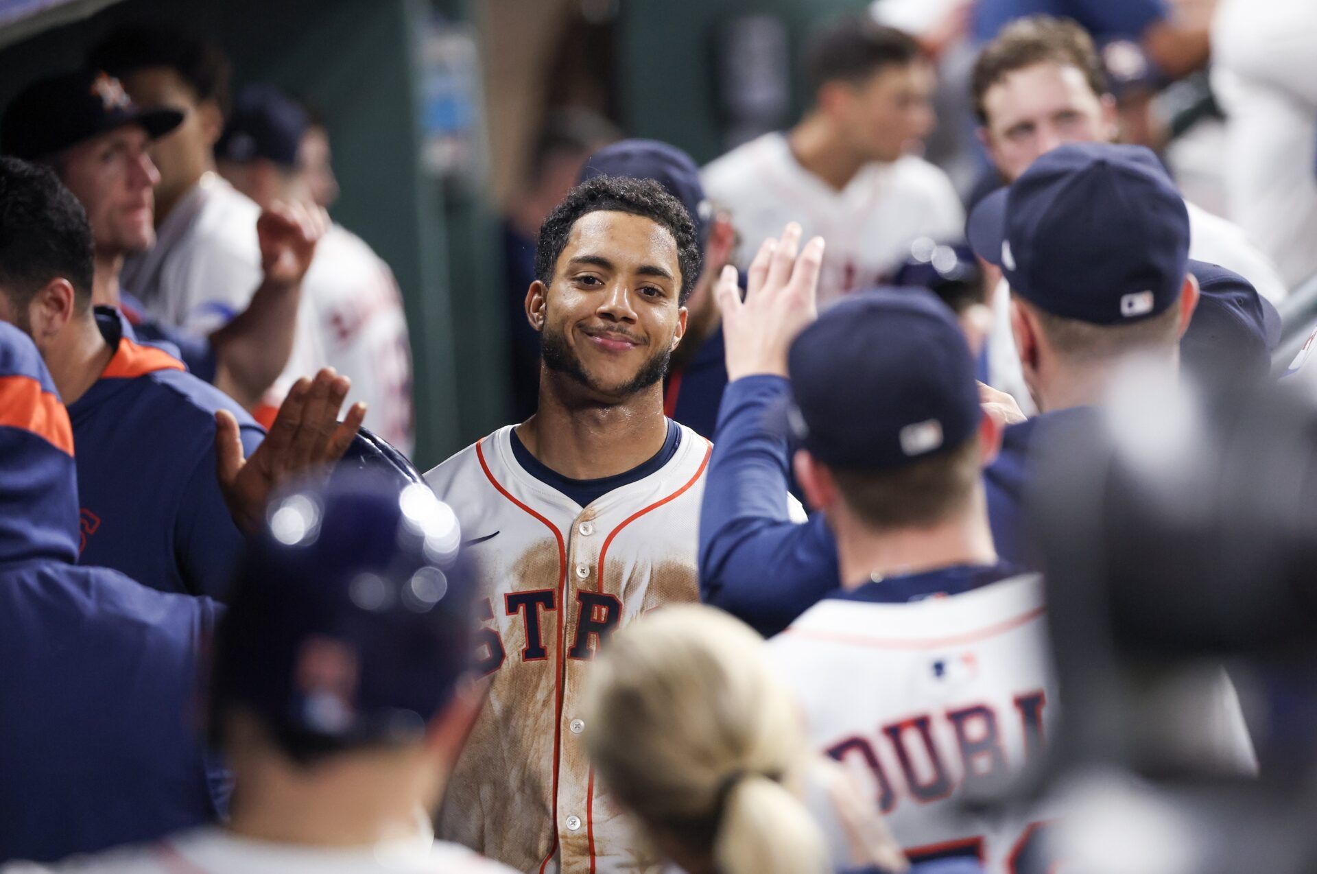Houston Astros shortstop Jeremy Pena (3) celebrates his run with teammates against the Chicago White Sox  in the eighth inning at Daikin Park.
