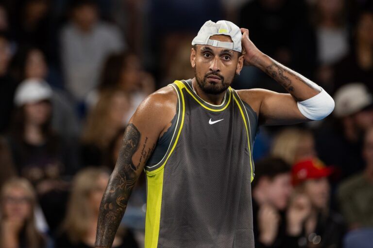 Nick Kyrgios of Australia during his match against James Duckworth of Australia and Aleksandar Vukic of Australia in the first round of the men's doubles at the 2025 Australian Open at Melbourne Park.
