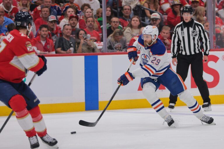 Edmonton Oilers center Leon Draisaitl (29) controls the puck against Florida Panthers during the first period in game three of the 2025 Stanley Cup Final at Amerant Bank Arena.