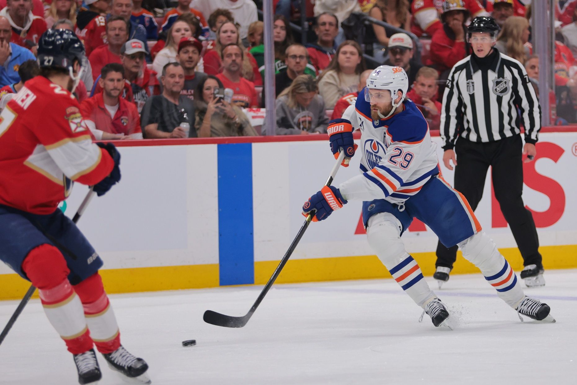 Edmonton Oilers center Leon Draisaitl (29) controls the puck against Florida Panthers during the first period in game three of the 2025 Stanley Cup Final at Amerant Bank Arena.