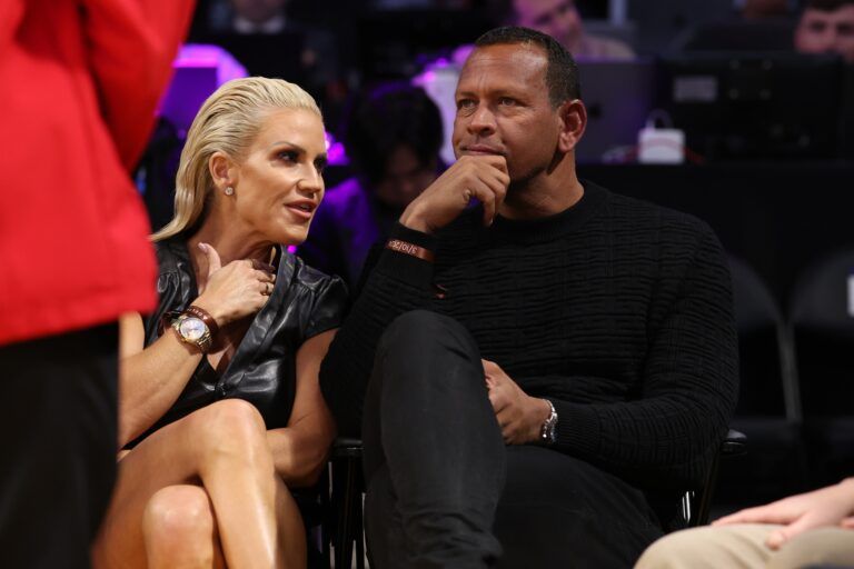 Jaclyn Cordeiro (left) and former MLB player Alex Rodriguez attend the NBA game between the Los Angeles Lakers and the Minnesota Timberwolves at Crypto.com Arena.