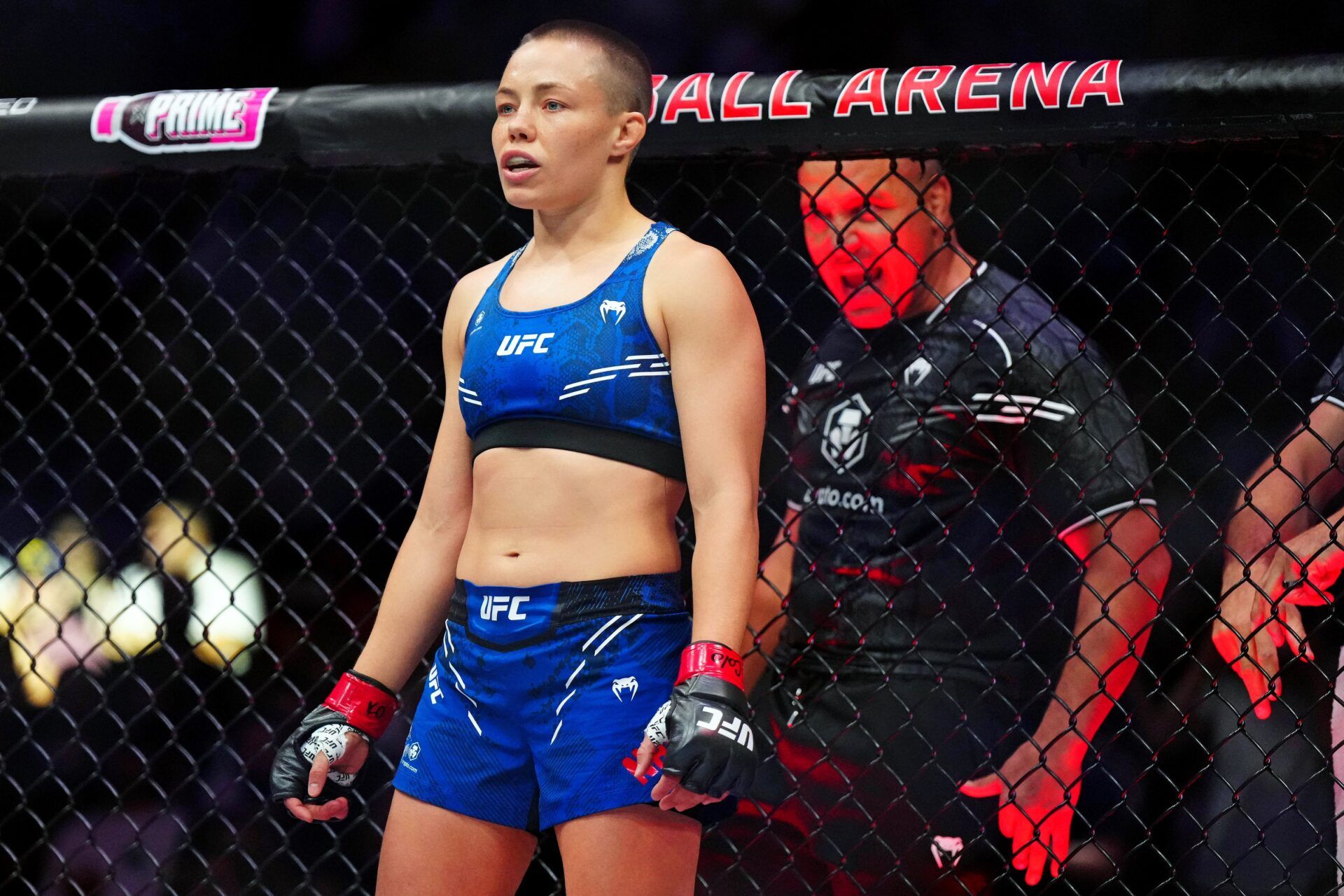 Rose Namajunas (red gloves) gets ready to fight Tracy Cortez (blue gloves) during UFC Fight Night at Ball Arena.