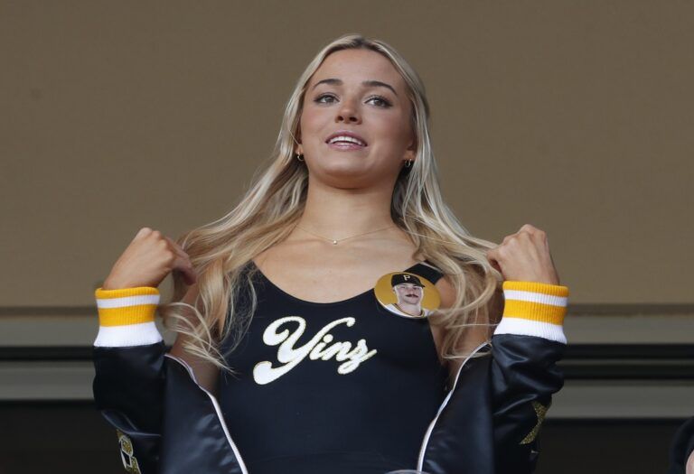 Louisiana State University gymnast Olivia Dunn reacts as her boyfriend Pittsburgh Pirates starting pitcher Paul Skenes (not pictured) pitches in his major league debut against the Chicago Cubs during the fourth inning at PNC Park.