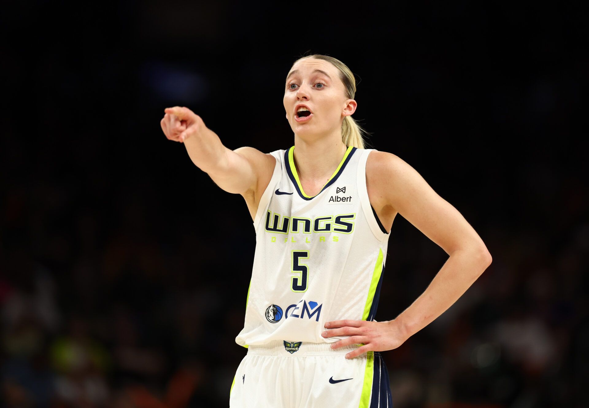 Dallas Wings guard Paige Bueckers (5) reacts against the Phoenix Mercury in the first half at PHX Arena.