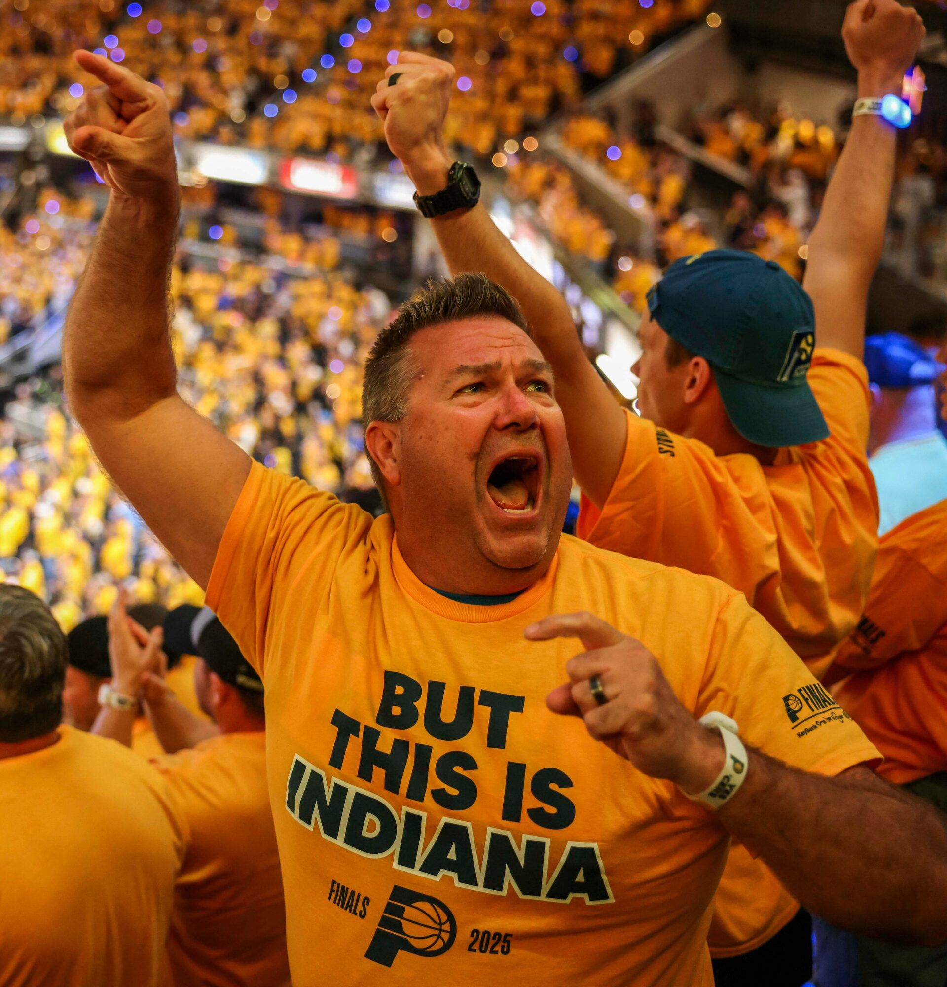 A fan celebrates Wednesday, June 11, 2025, during Game 3 of the NBA Finals at Gainbridge Fieldhouse in Indianapolis.