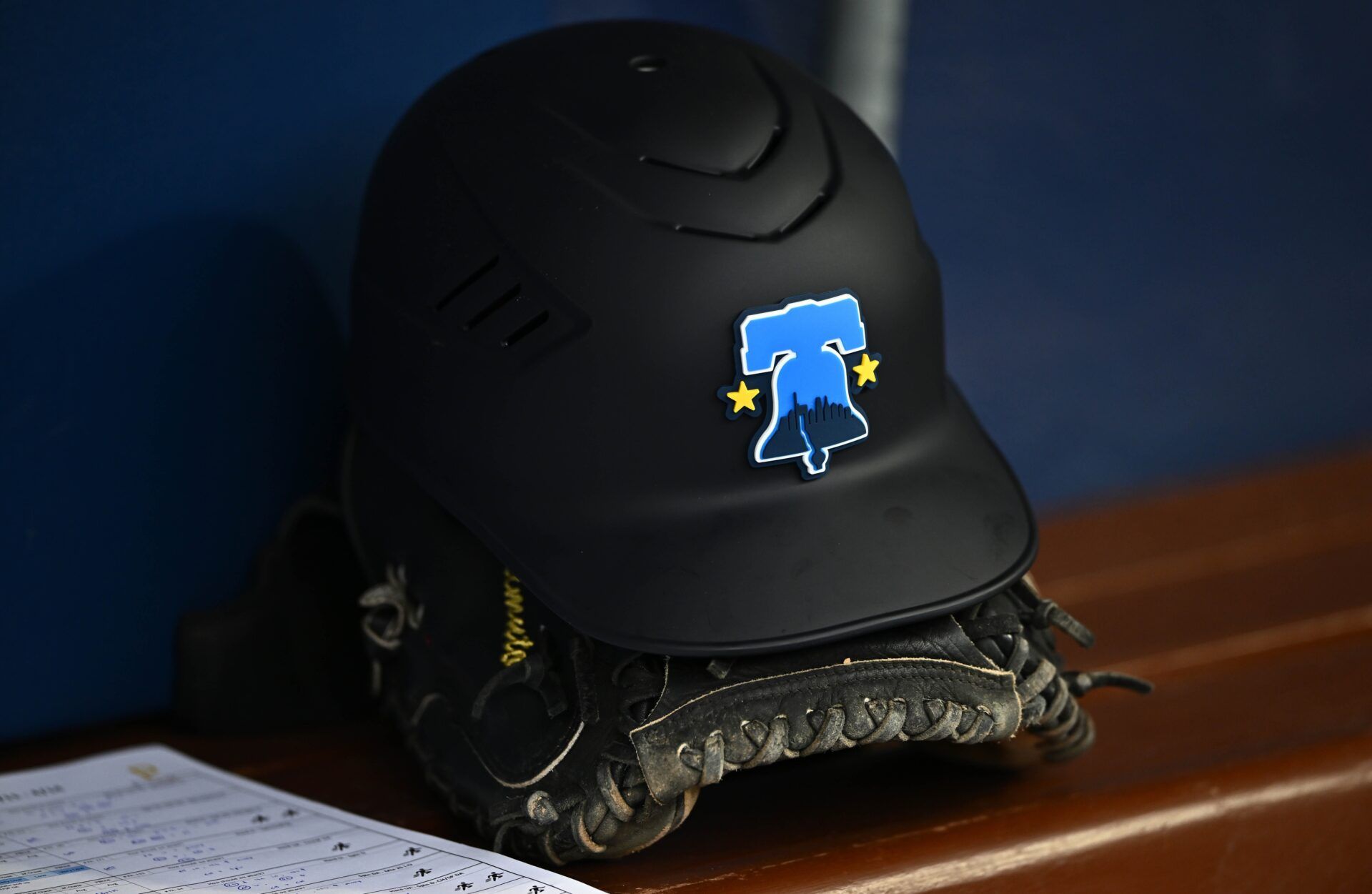 A view of the helmet of Philadelphia Phillies catcher J.T. Realmuto (10) displaying the City Connect logo before the game against the Pittsburgh Pirates at Citizens Bank Park.