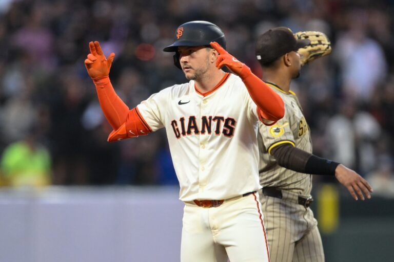 San Francisco Giants catcher Patrick Bailey (14) celebrates his RBI double against the San Diego Padres in the fifth inning at Oracle Park.