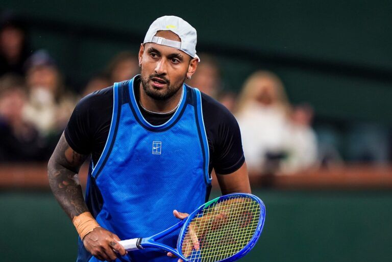 Nick Kyrgios reacts to a point against Botic van de Zandschulp in the first set of their first-round match at the BNP Paribas Open in Indian Wells, Calif., Thursday, March 6, 2025.