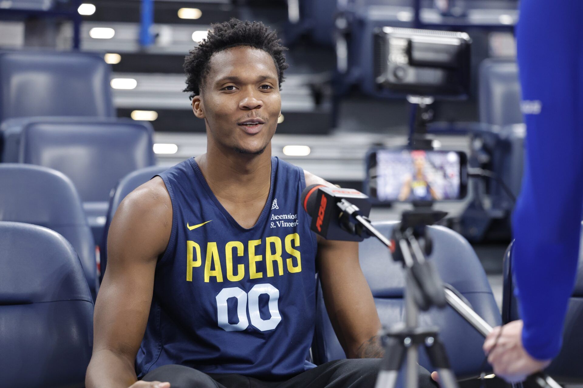 Indiana Pacers guard Bennedict Mathurin (00) during NBA Finals Media Day at Paycom Center.