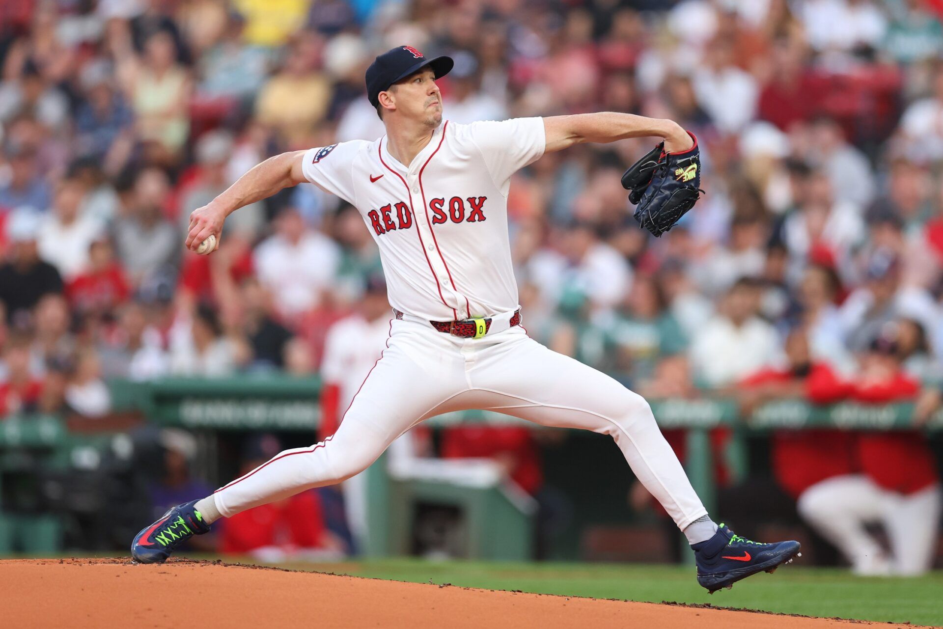 Boston Red Sox starting pitcher Walker Buehler (0) delivers a pitch during the second inning against the Tampa Bay Rays at Fenway Park.