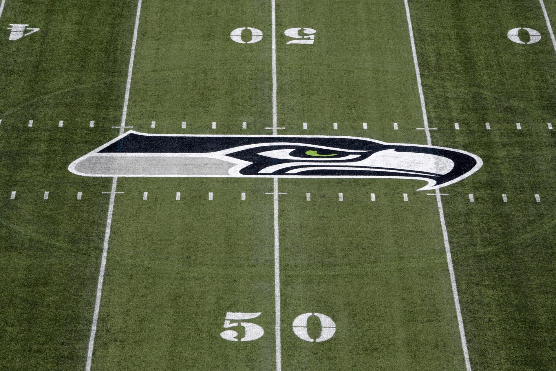 General overall view of Seattle Seahawks logo at CenturyLink Field during a NFL football game against the Kansas City Chiefs.