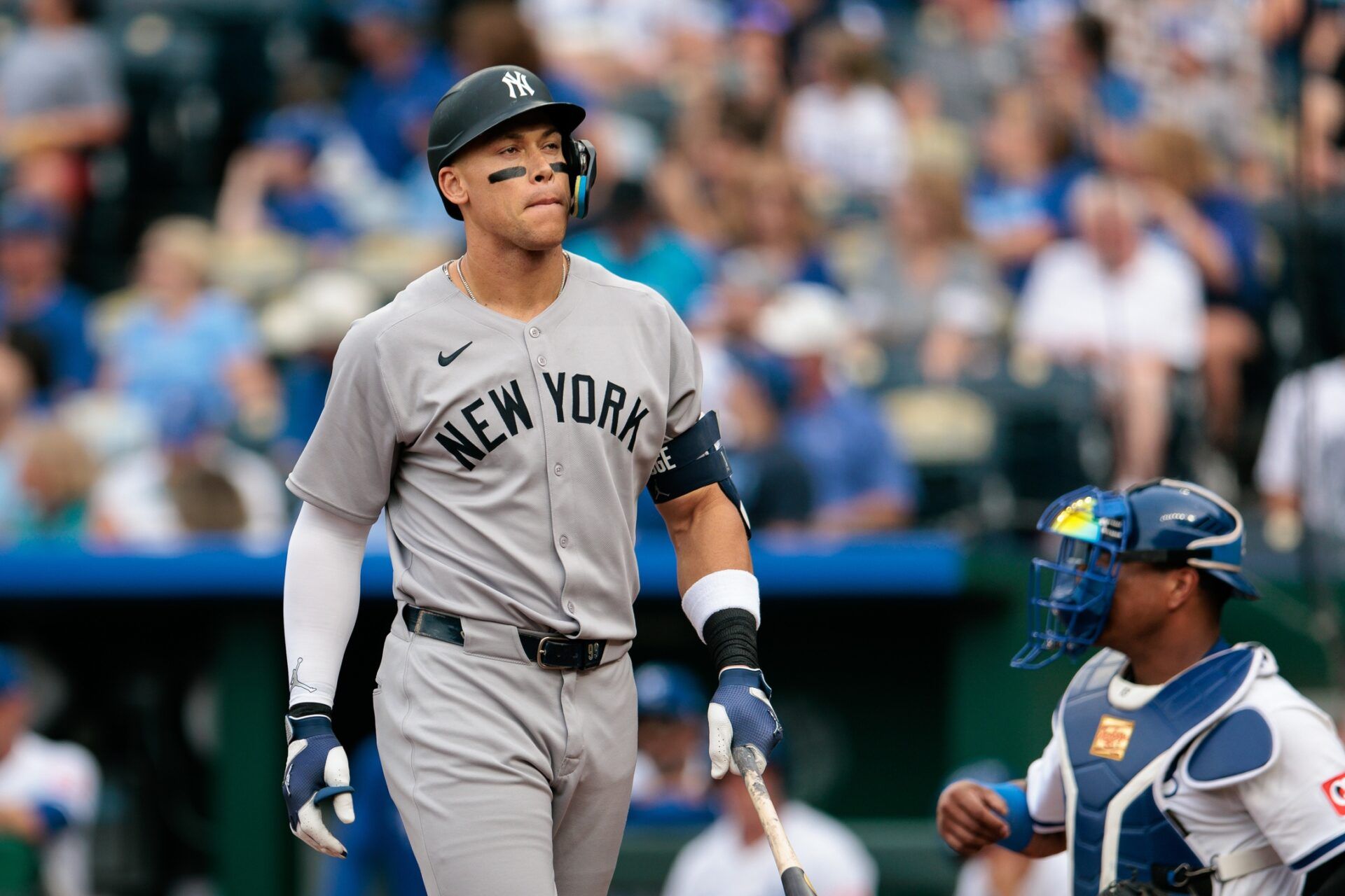 New York Yankees outfielder Aaron Judge (99) walks to the dugout during the first inning against the Kansas City Royals at Kauffman Stadium.