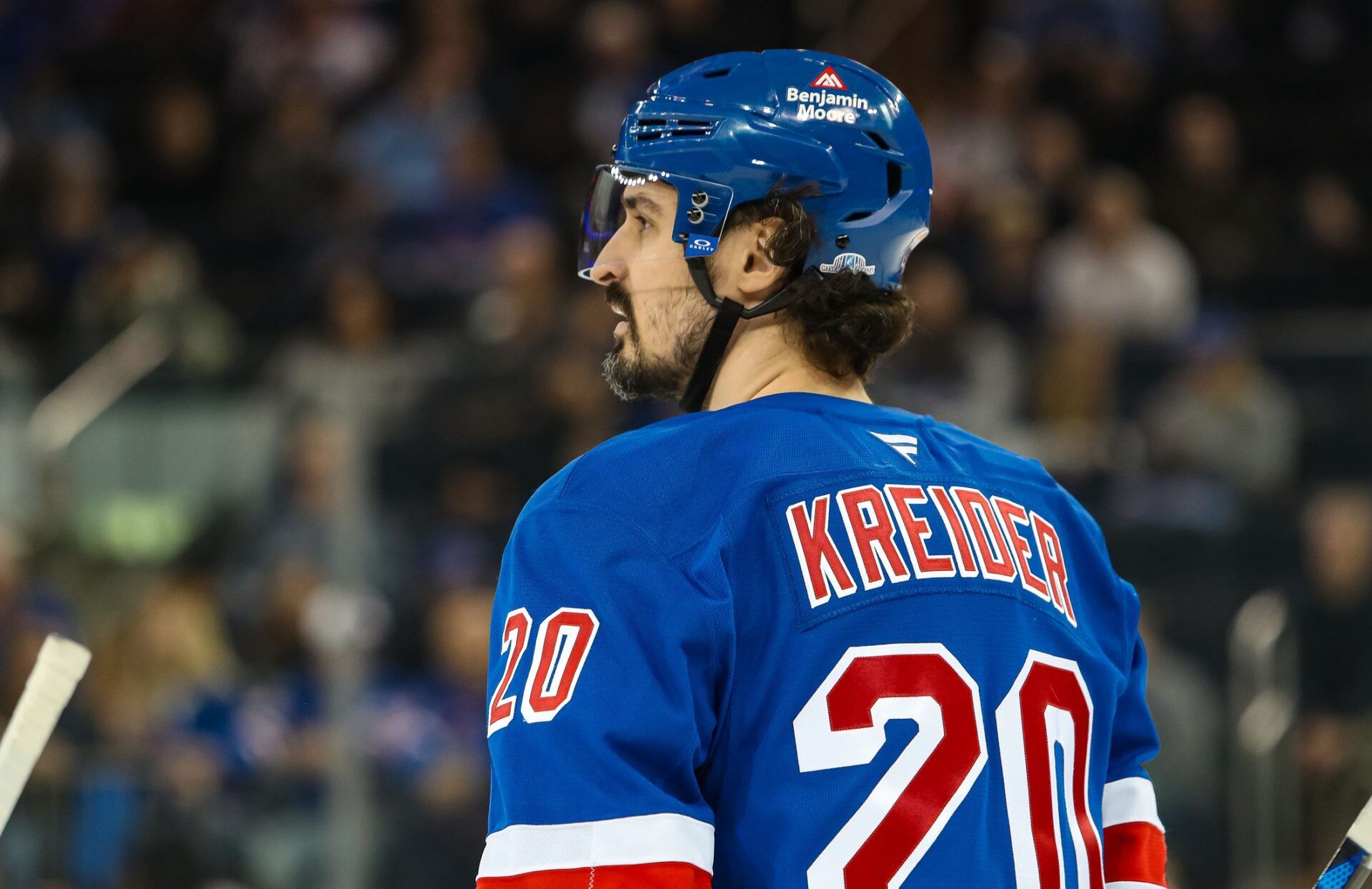 New York Rangers left wing Chris Kreider (20) skates against the Vancouver Canucks during the third period at Madison Square Garden.