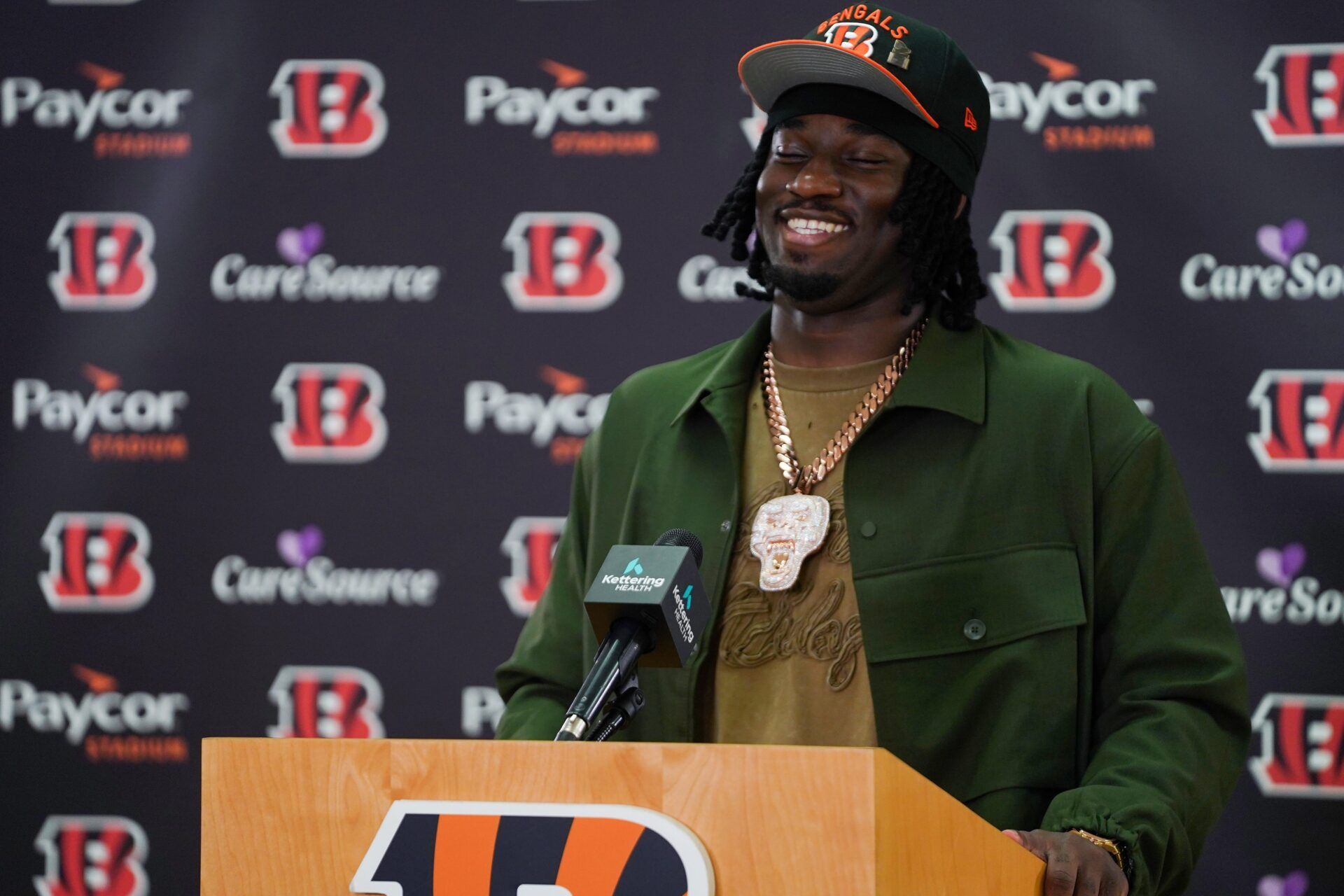 Cincinnati Bengals first-round draft pick Shemar Stewart shares a laugh during a press conference, Friday, April 25, 2025, at Paycor Stadium in Downtown Cincinnati.