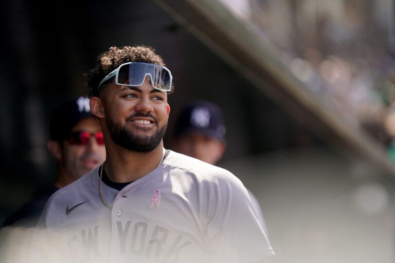 New York Yankees left fielder Jasson Dominguez (24) stands in the dugout against the Athletics in the seventh inning at Sutter Health Park.